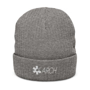 Gray knit beanie with embroidered 'ARCH' logo by Rotor Wash & Wear