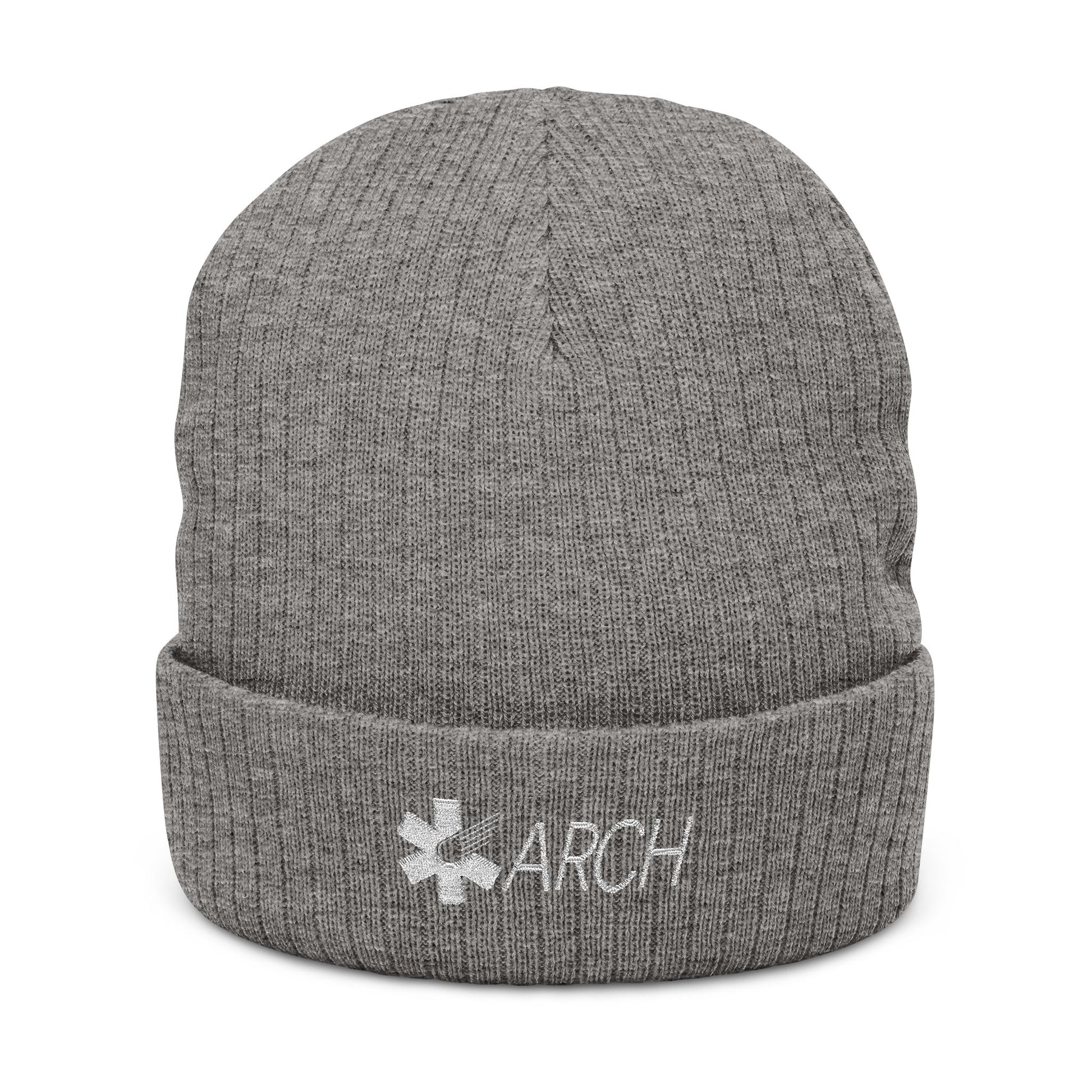 Gray knit beanie with embroidered 'ARCH' logo by Rotor Wash & Wear