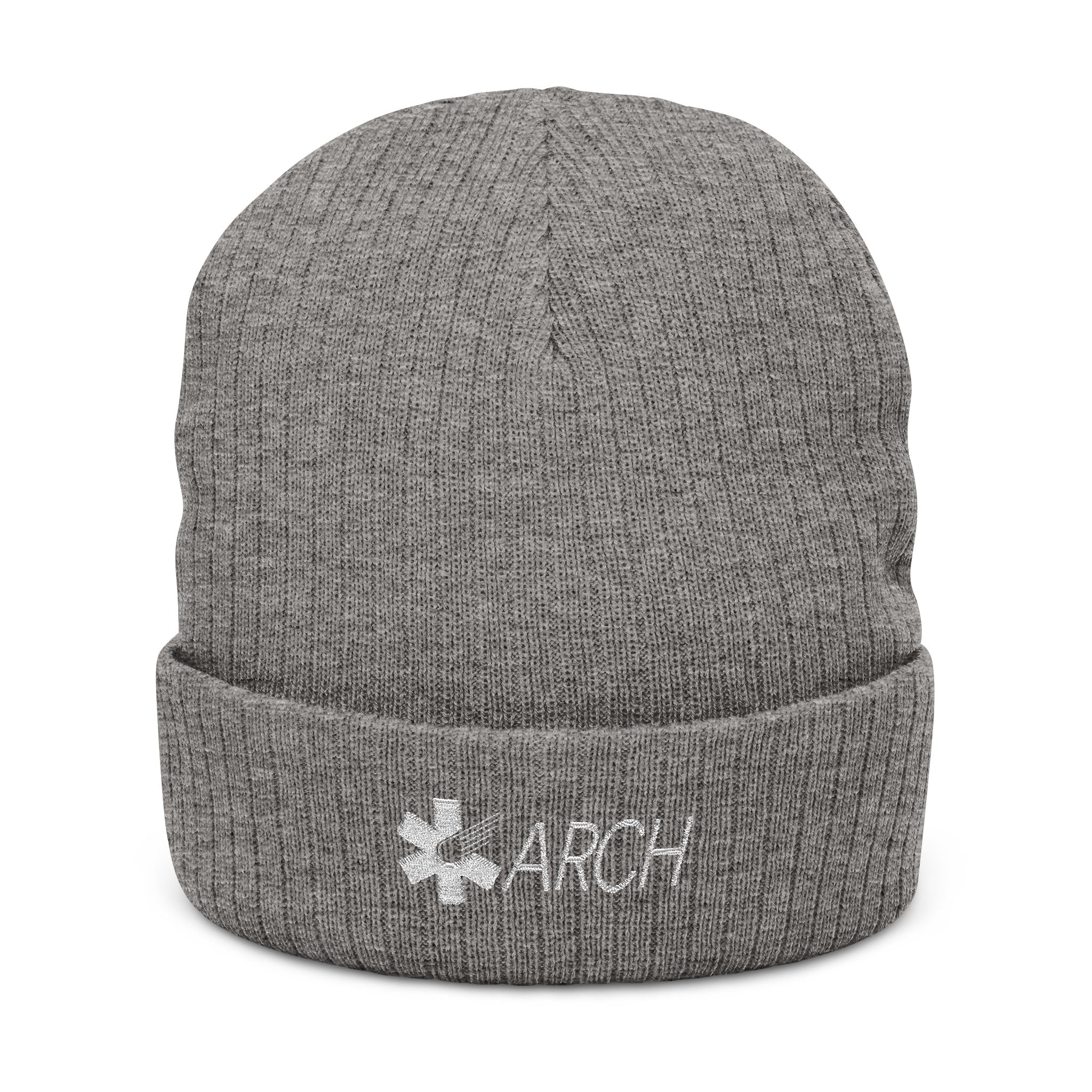 Gray knit beanie with embroidered 'ARCH' logo by Rotor Wash & Wear