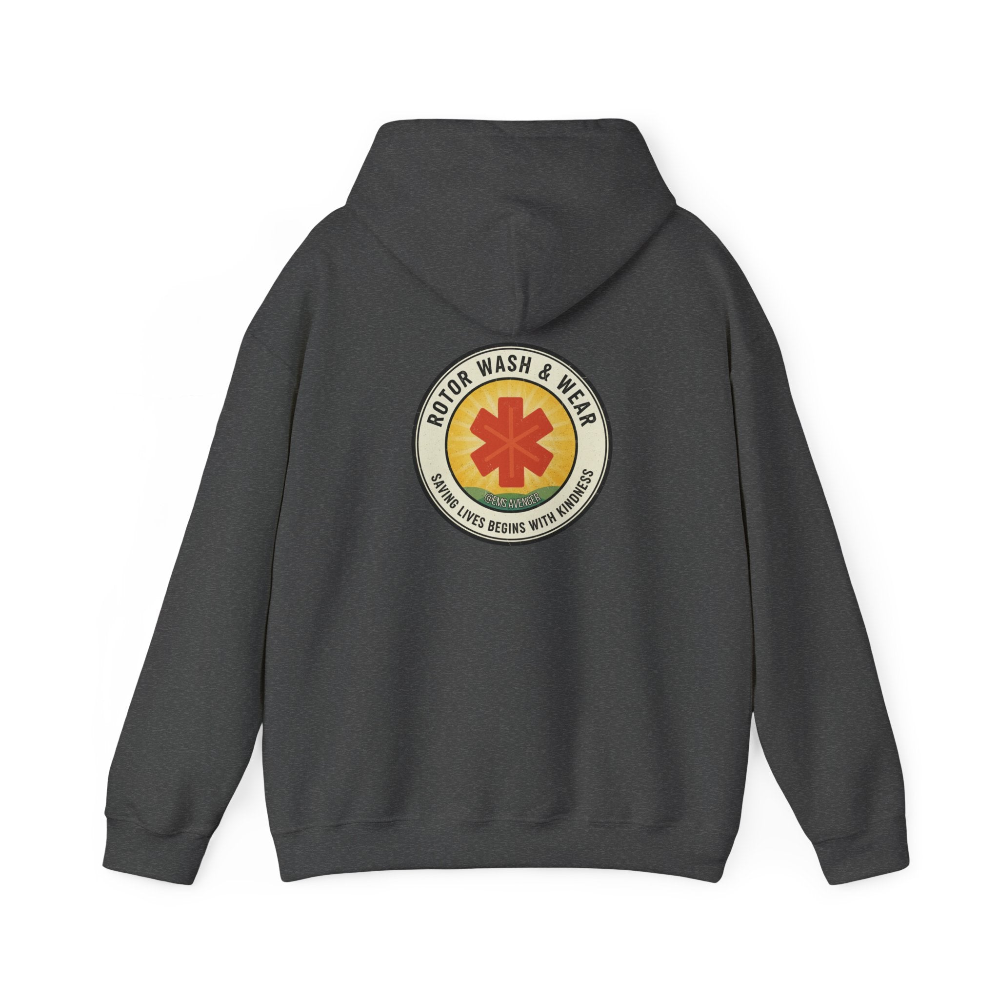 Gray hoodie with a logo on the back of Rotor Wash & Wear and "saving lives begins with kindness" motto against a white background