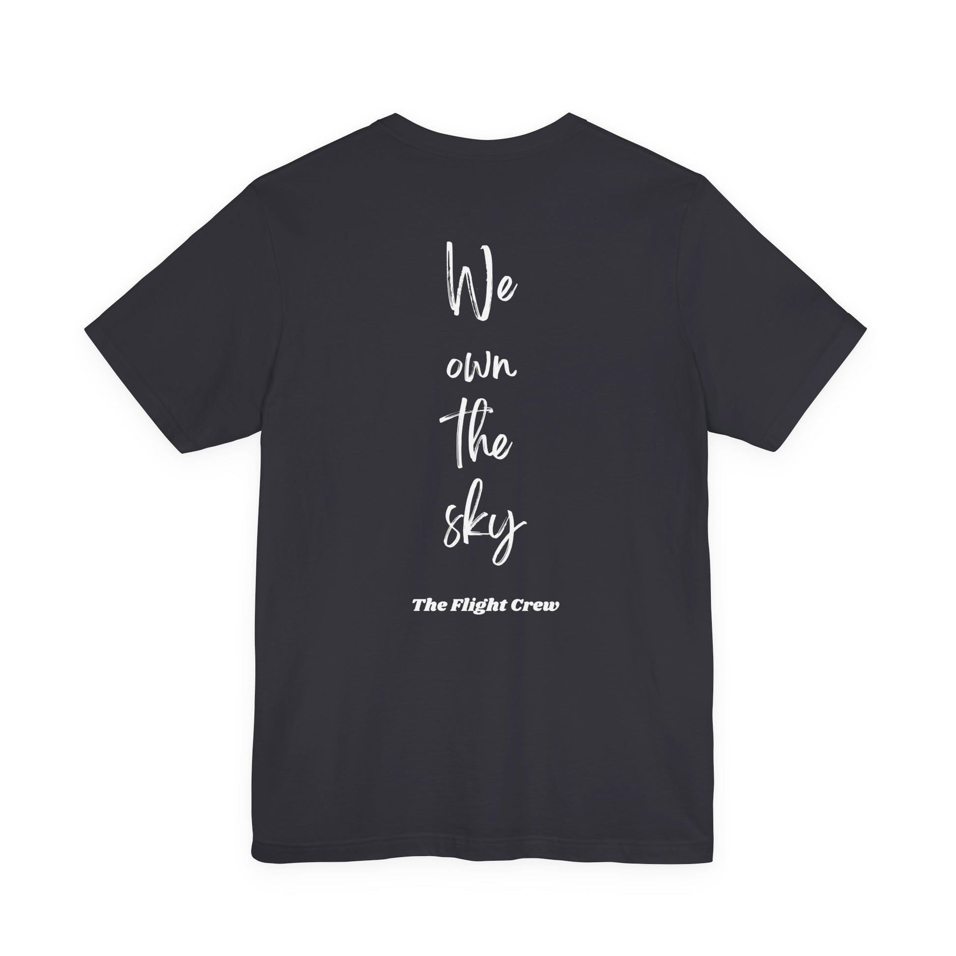 Navy t-shirt with 'We own the sky, The Flight Crew' text on the back against a white background