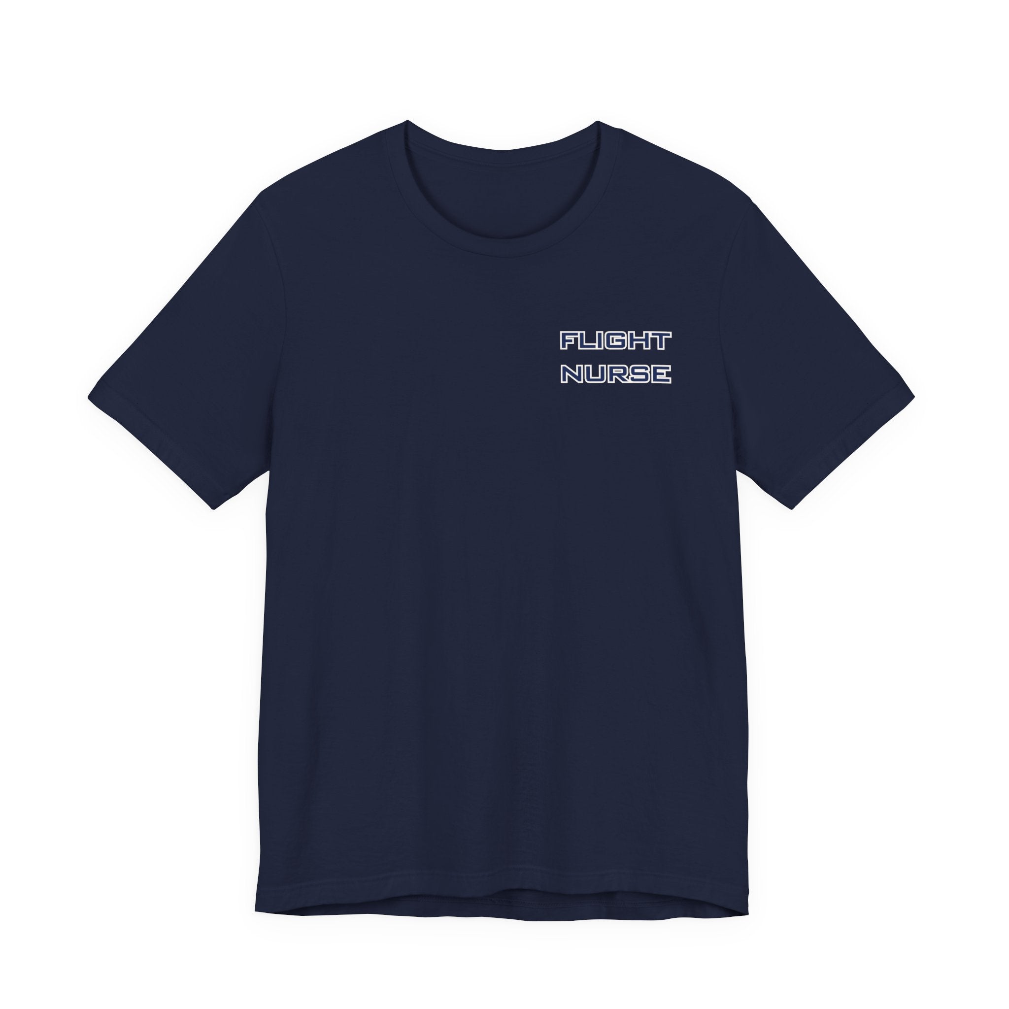 Navy blue t-shirt with text 'Flight Nurse' on the left chest by Rotor Wash & Wear