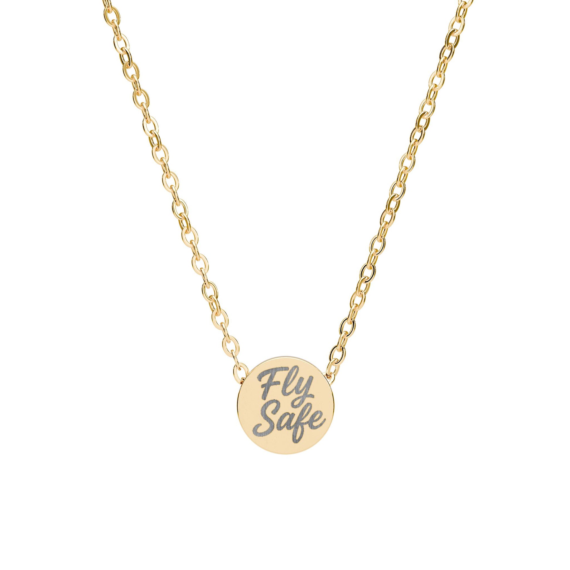 Gold necklace with 'Fly Safe' pendant on a white background