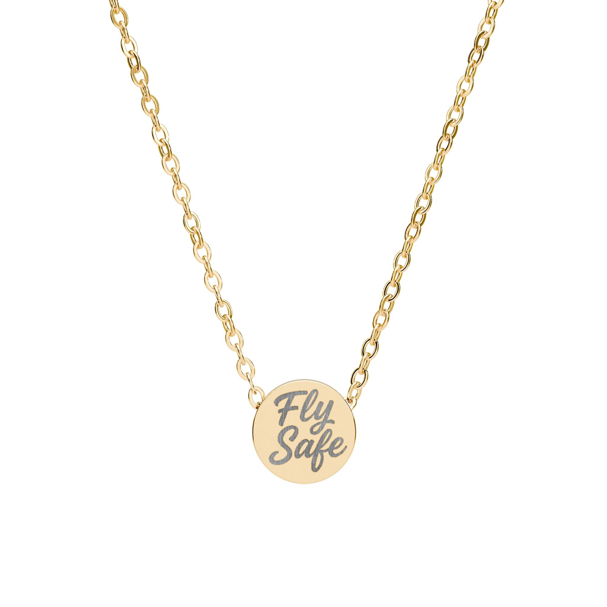 Gold necklace with 'Fly Safe' pendant on a white background