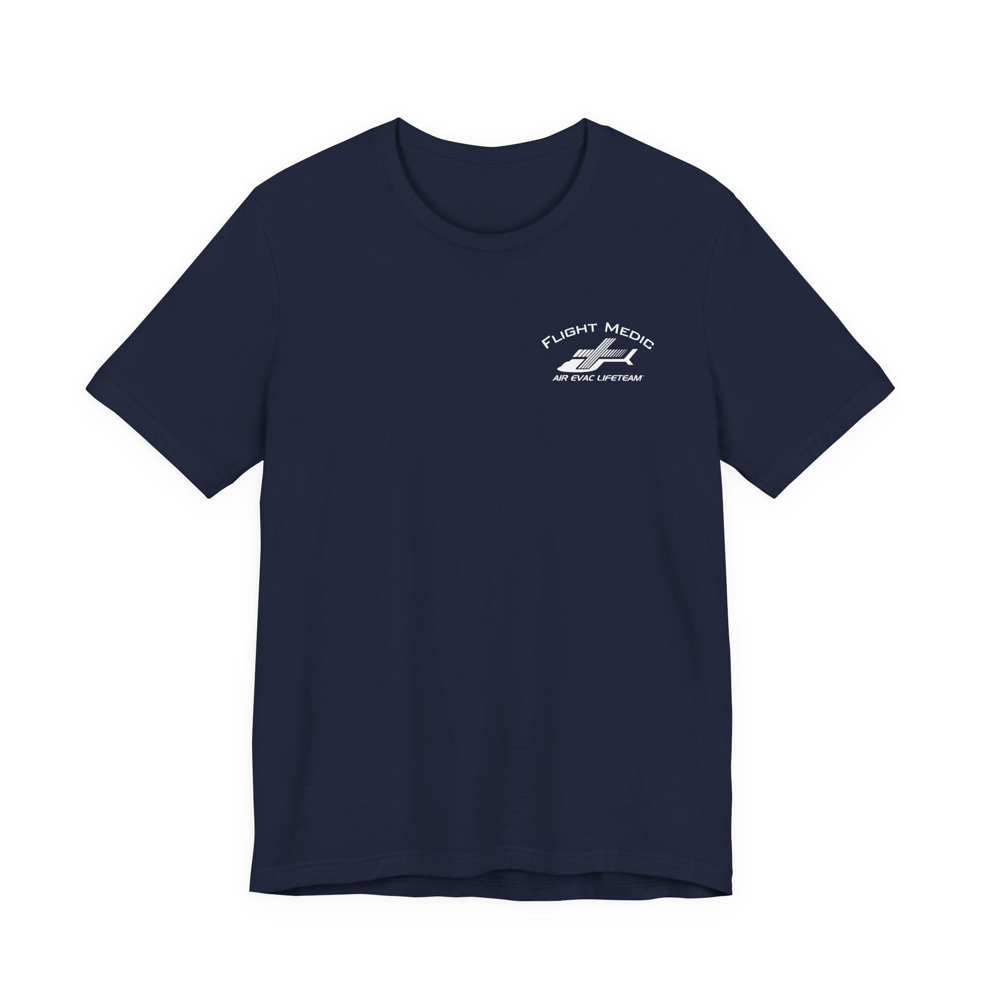 Navy blue t-shirt with small 'Flight Medic" text and Air Evac Lifeteam' logo on the left chest by Rotor Wash & Wear
