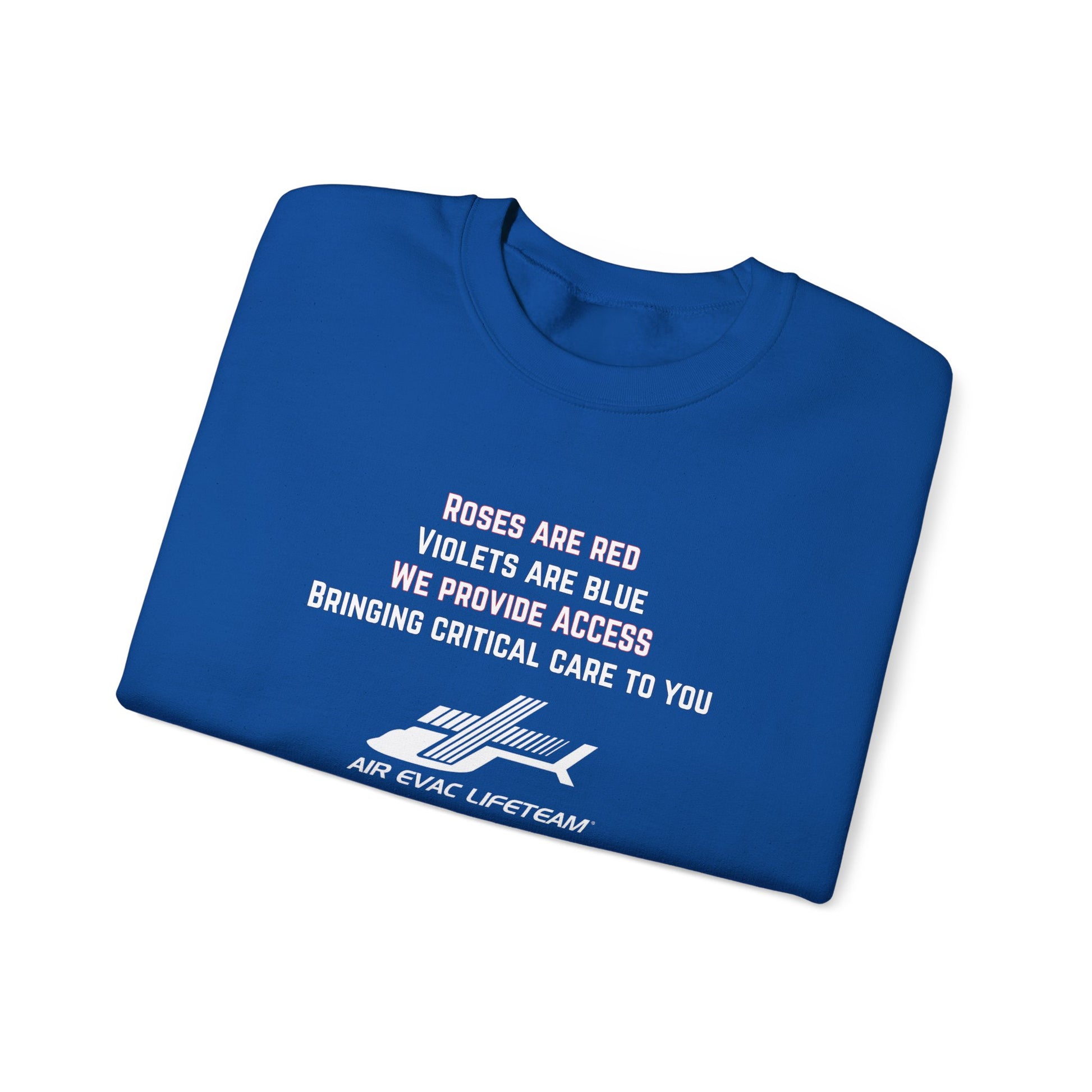 Folded blue crewneck sweatshirt with Valentine's day poem and Air Evac Lifeteam logo on a white background