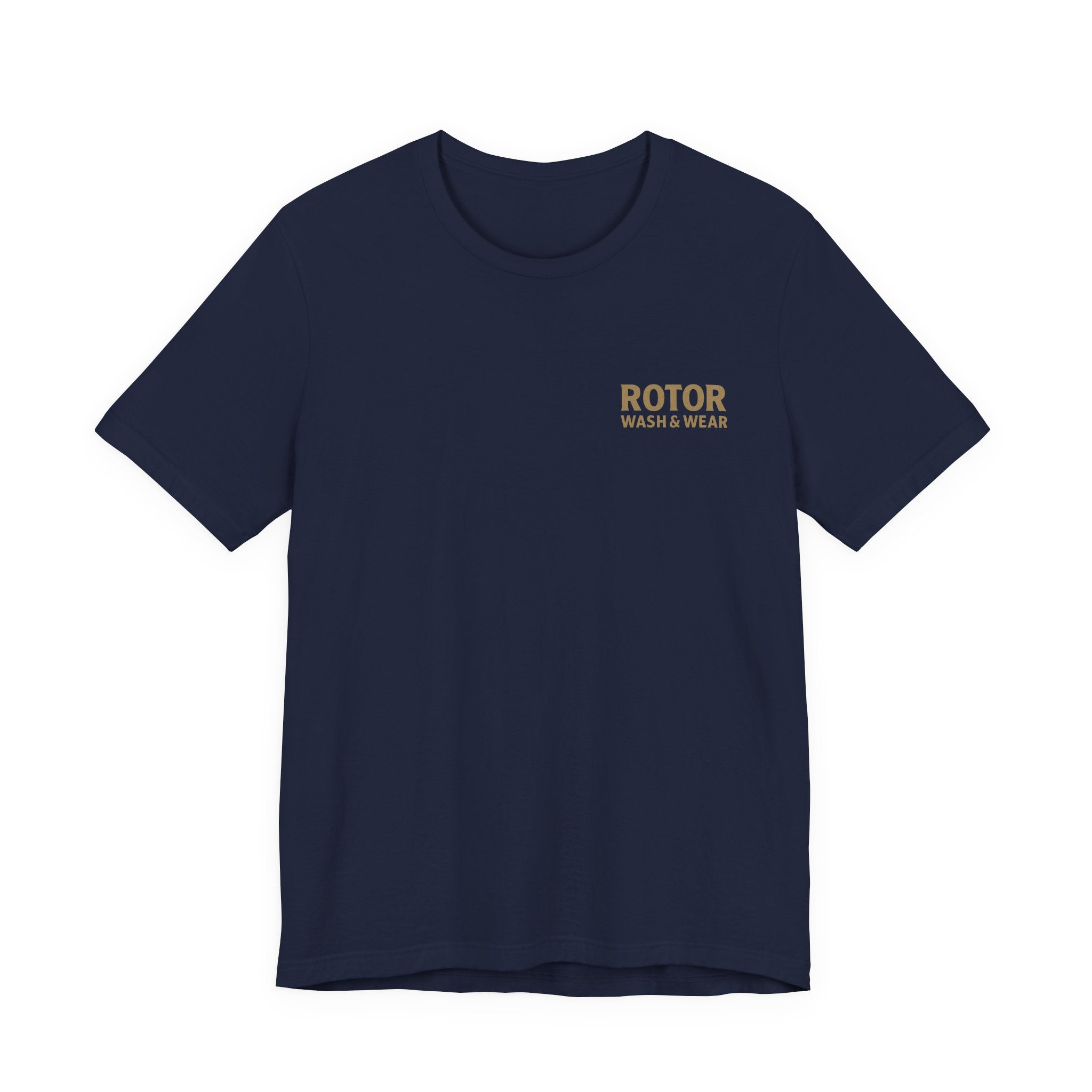 Navy blue t-shirt with 'ROTOR WASH & WEAR' logo on a white background