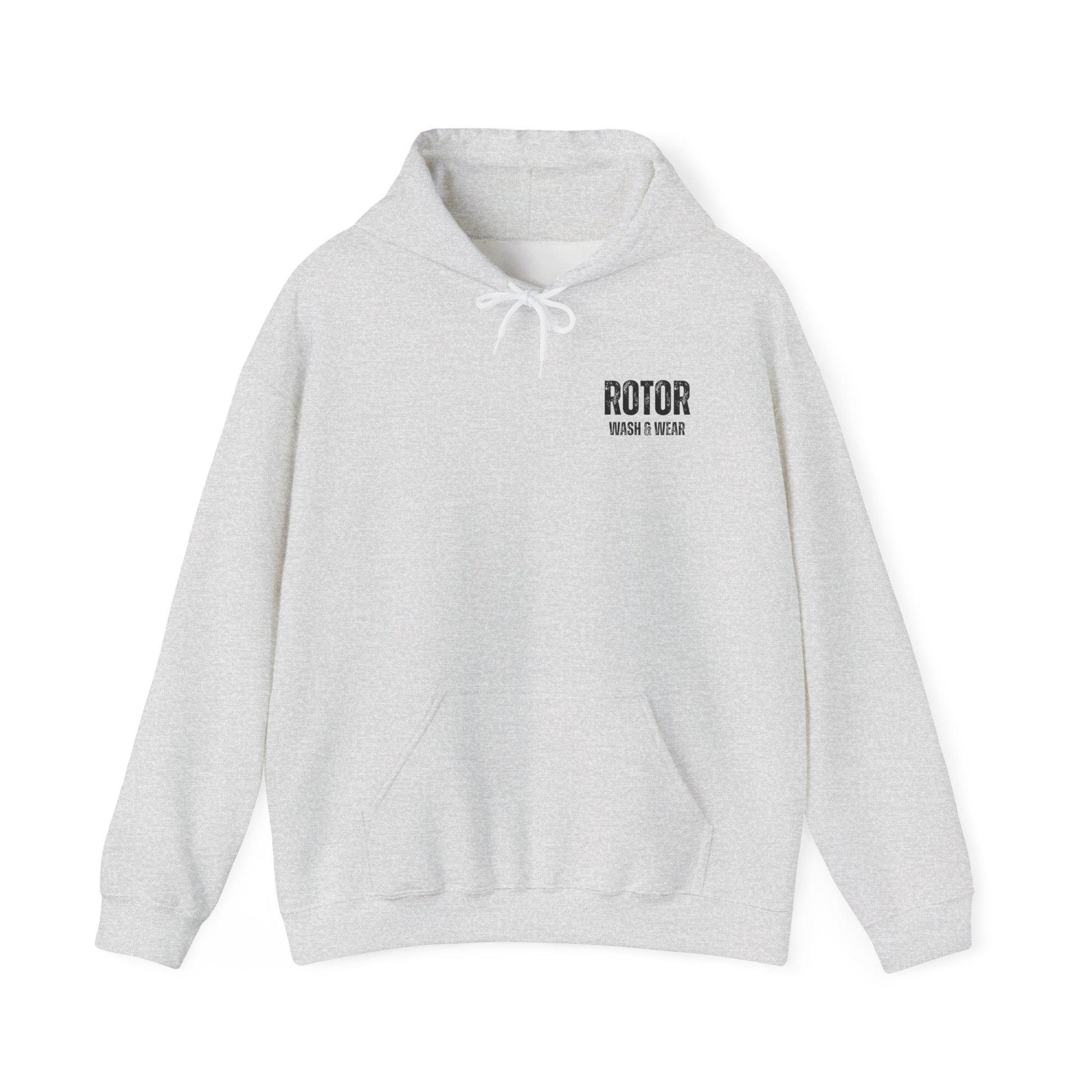 Gray hoodie with 'ROTOR WASH & WEAR' text on a white background