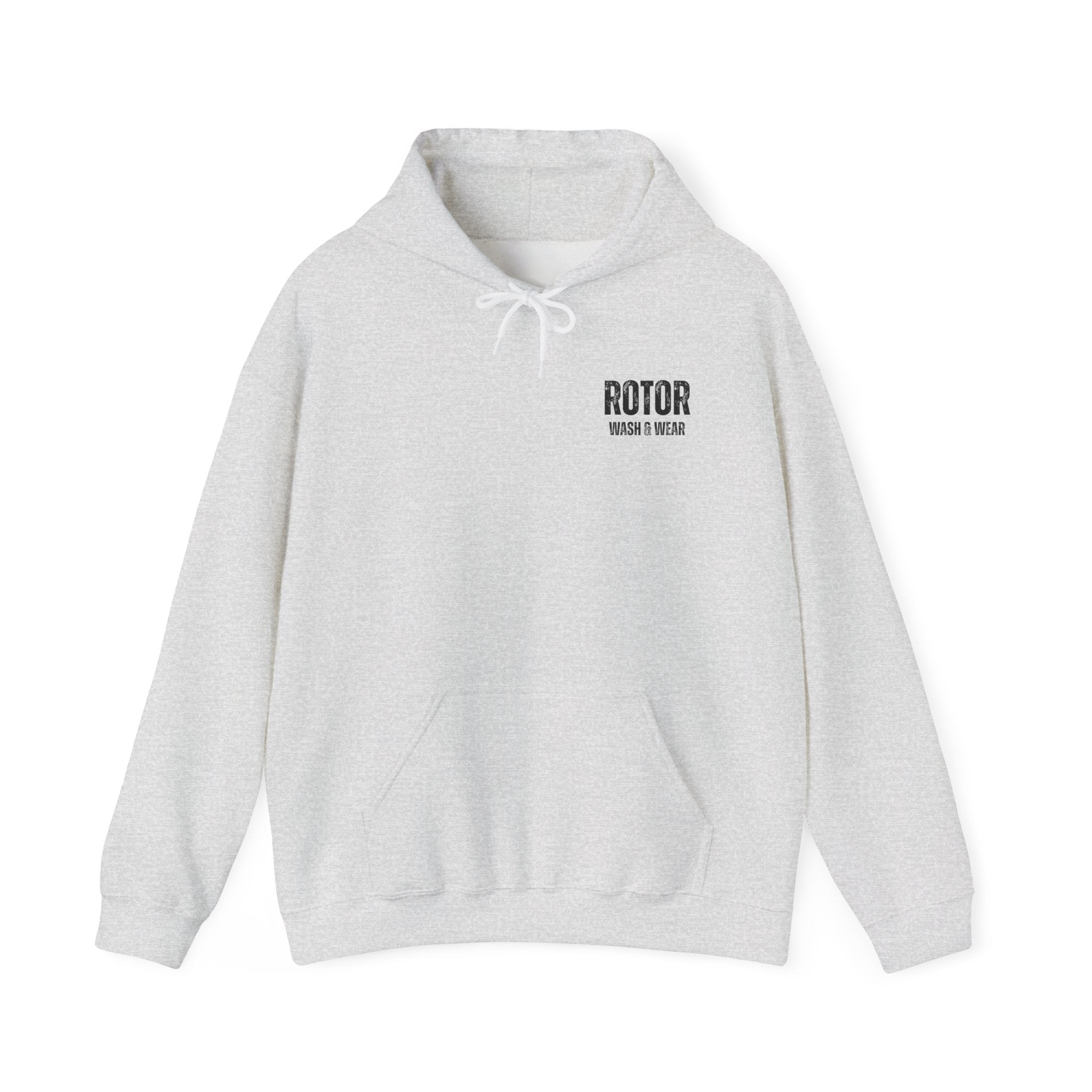 Gray hoodie with 'ROTOR WASH & WEAR' text on a white background