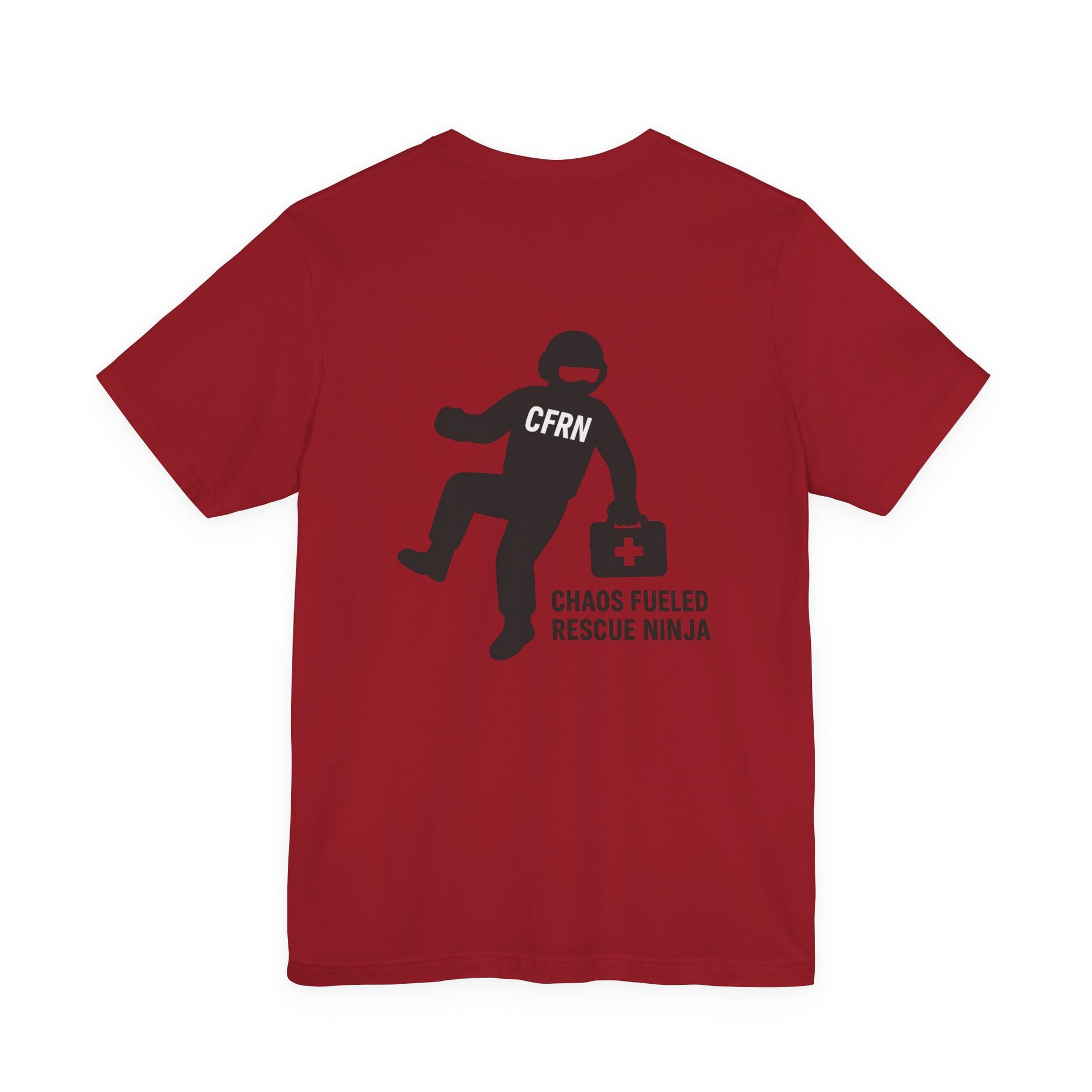 Red t-shirt with a graphic design of a flight nurse/ninja with "CFRN" on their chest and the text "chaos fueled rescue ninja" on a white background