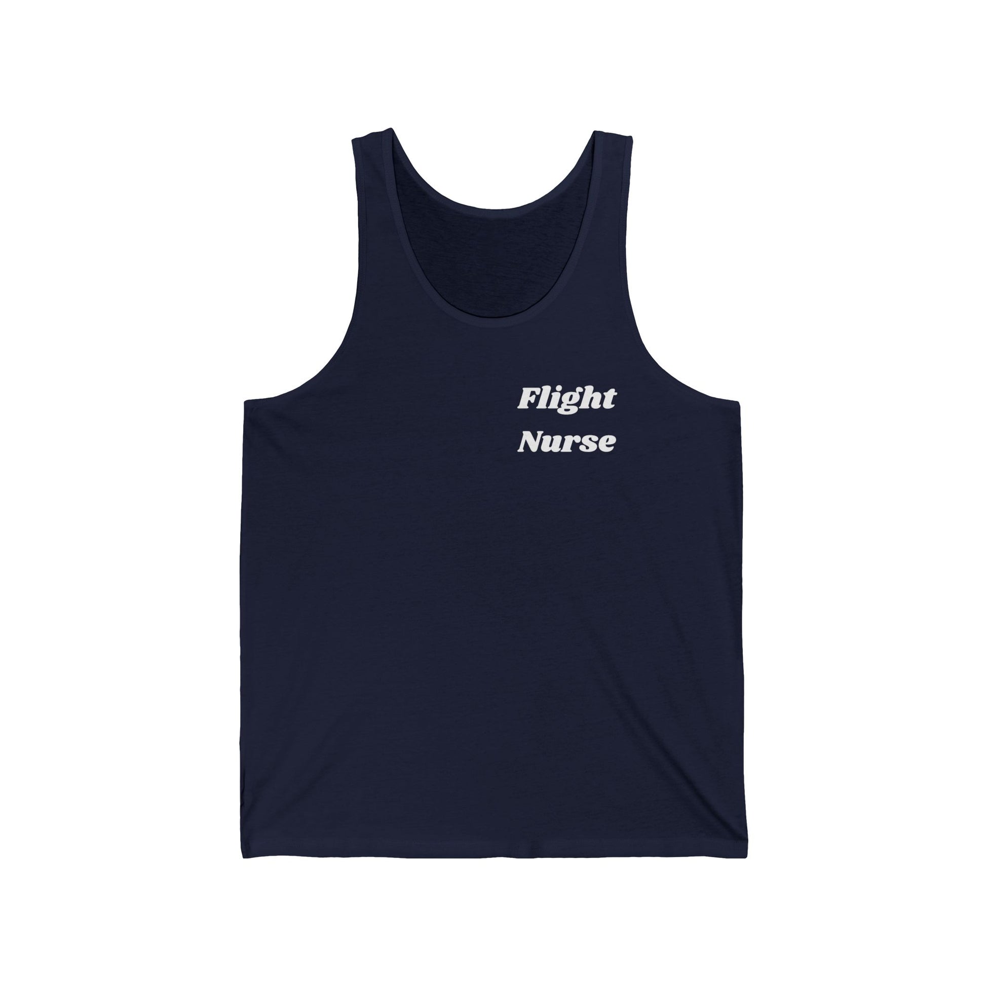 Navy tank top with 'Flight Nurse' text on a white background