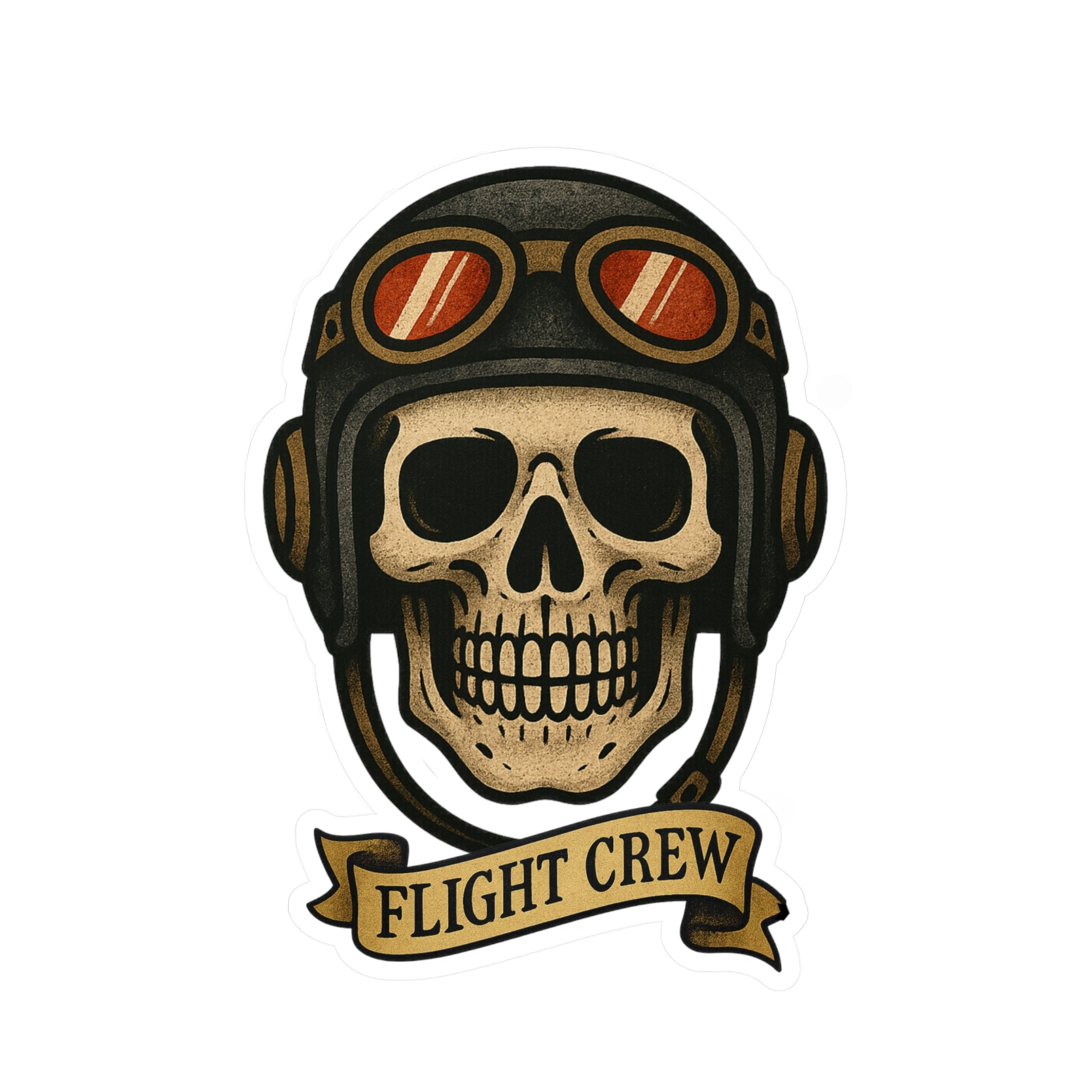 Skull wearing a flight helmet with goggles and 'FLIGHT CREW' banner on a white background