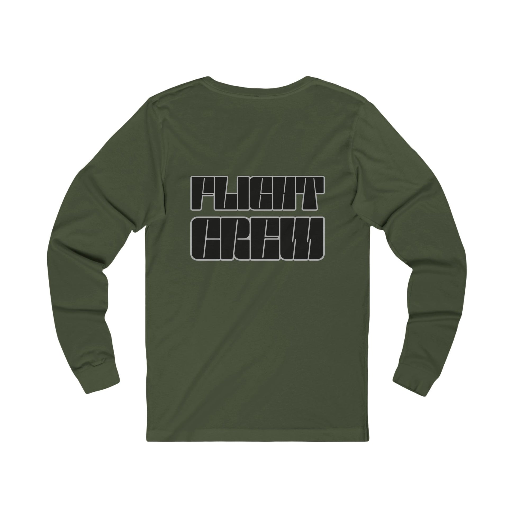 Army green long-sleeve shirt with 'FLIGHT CREW' text in black by Rotor Wash & Wear