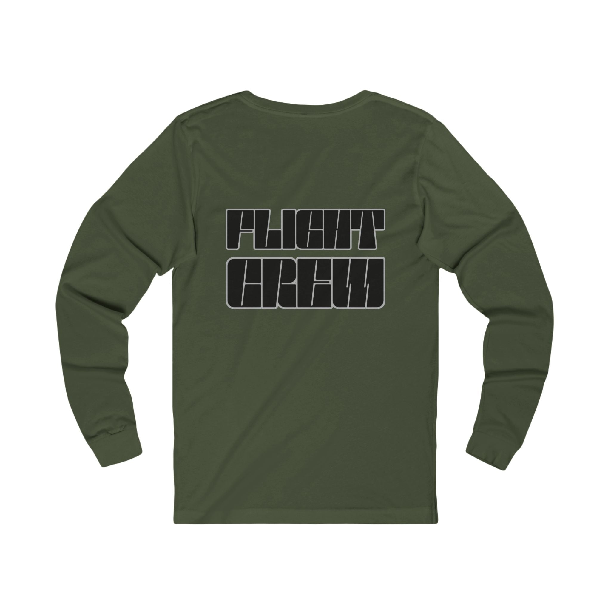 Army green long-sleeve shirt with 'FLIGHT CREW' text in black by Rotor Wash & Wear