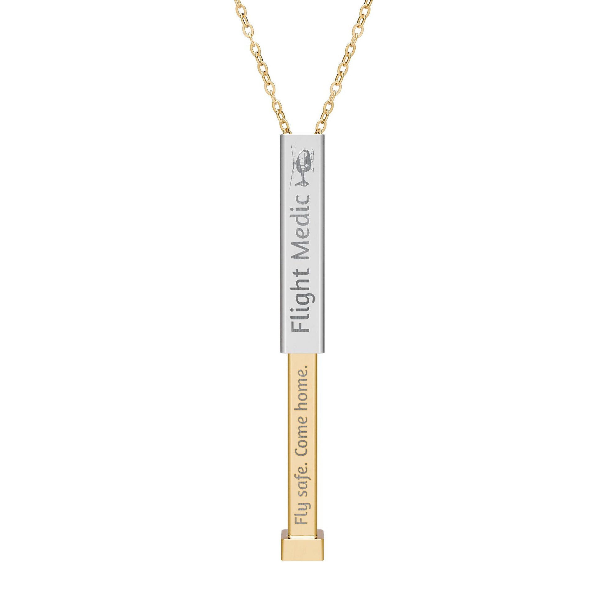 Silver and gold two-toned necklace with a cylindrical pendant engraved with 'flight medic' with hidden interior engraving "Fly Safe. Come home." by Rotor Wash & Wear