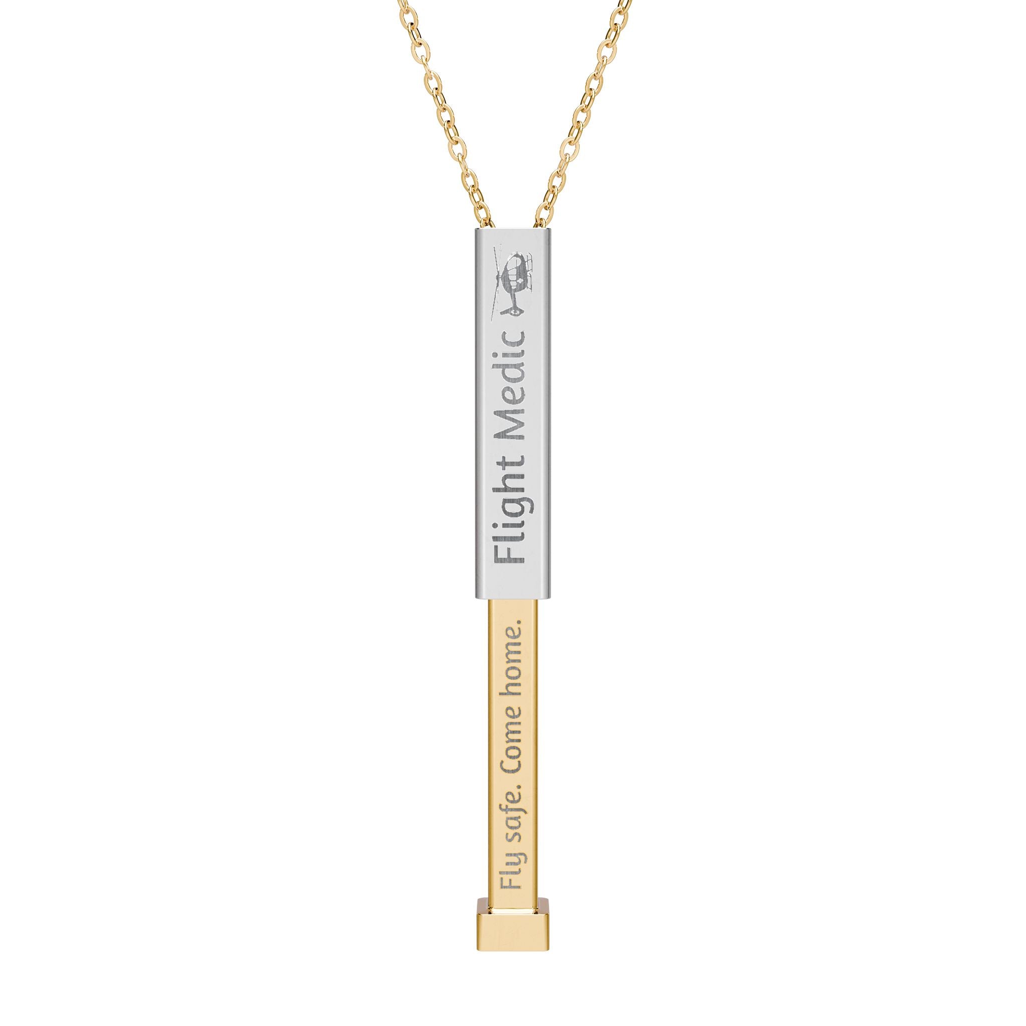 Silver and gold two-toned necklace with a cylindrical pendant engraved with 'flight medic' with hidden interior engraving "Fly Safe. Come home." by Rotor Wash & Wear