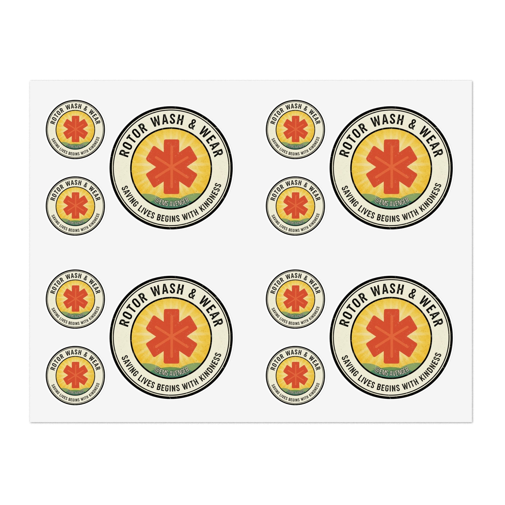 Set of Rotor Wash & Wear & EMS Avenger stickers with text "Saving Lives Begins With Kindness"