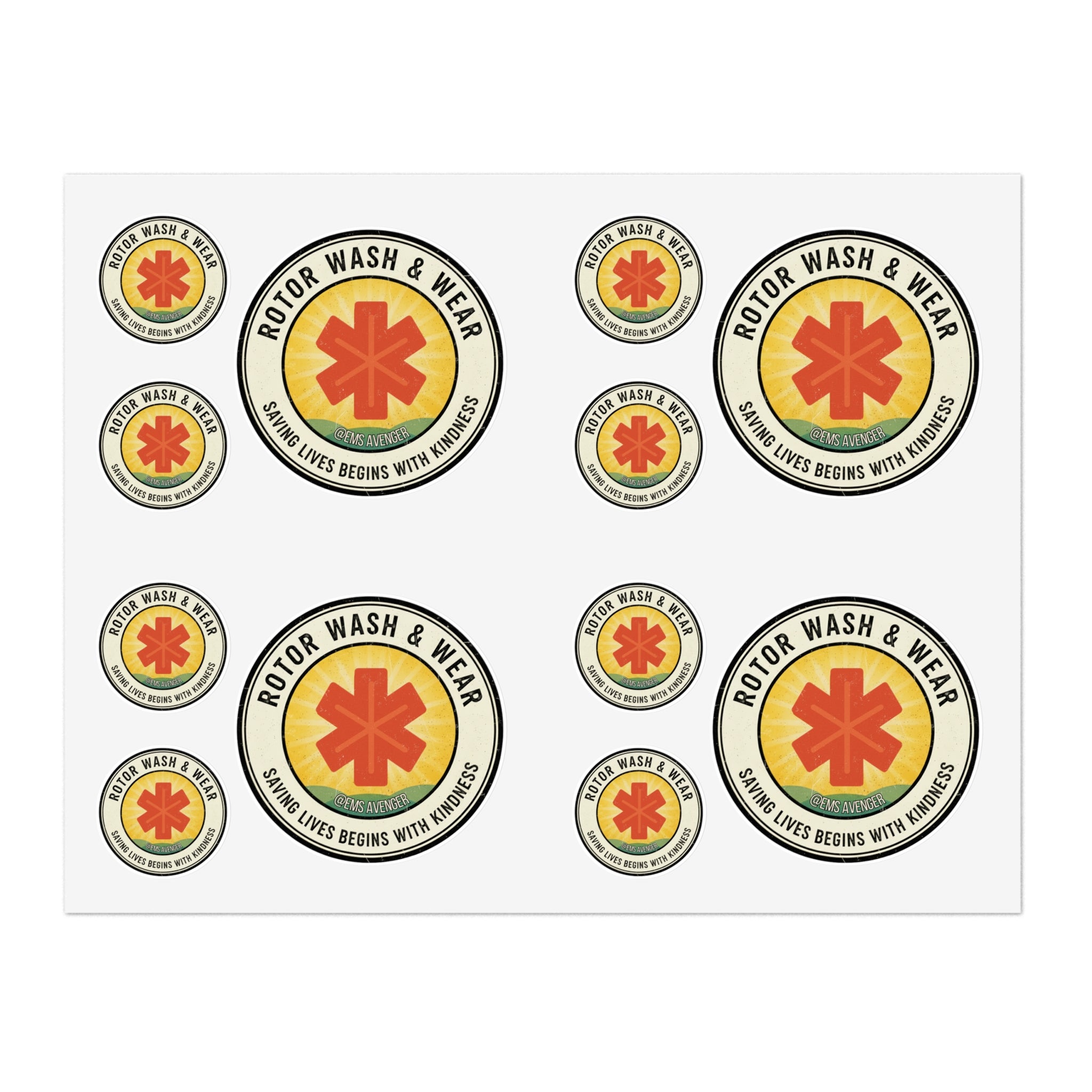 Set of Rotor Wash & Wear & EMS Avenger stickers with text "Saving Lives Begins With Kindness"