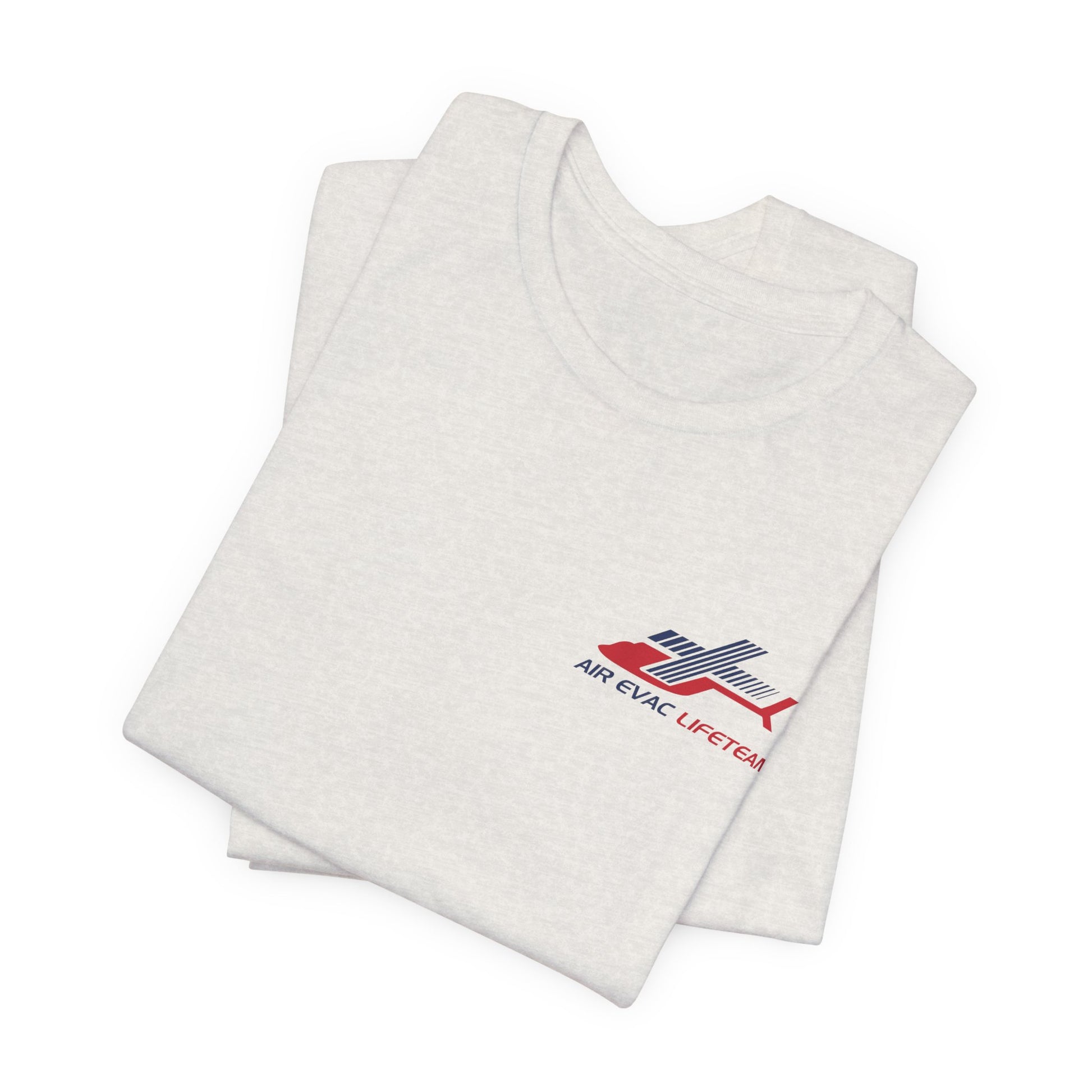 Folded heathered cement t-shirt with an  Air Evac Lifeteam logo on a white background
