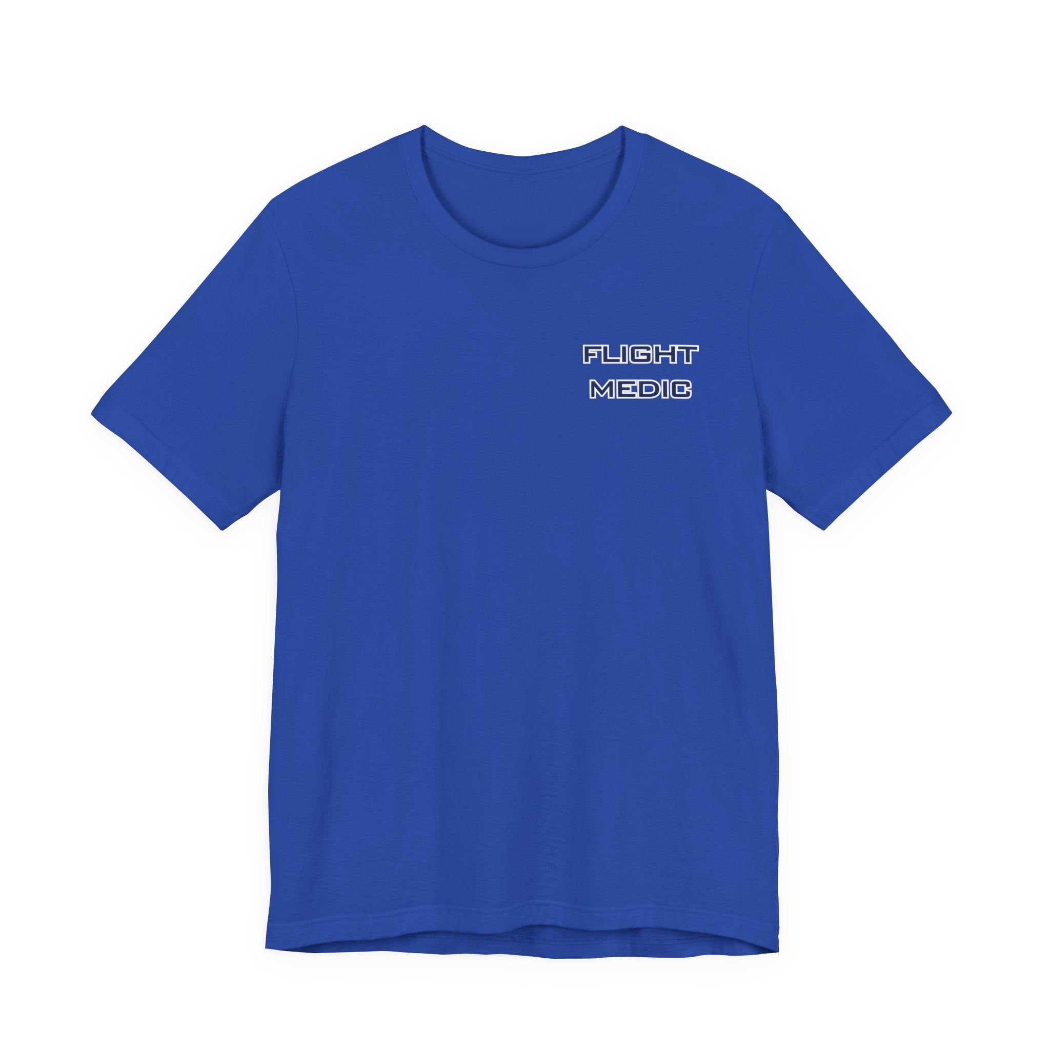 Blue t-shirt with text 'Flight Medic' on the left chest by Rotor Wash & Wear