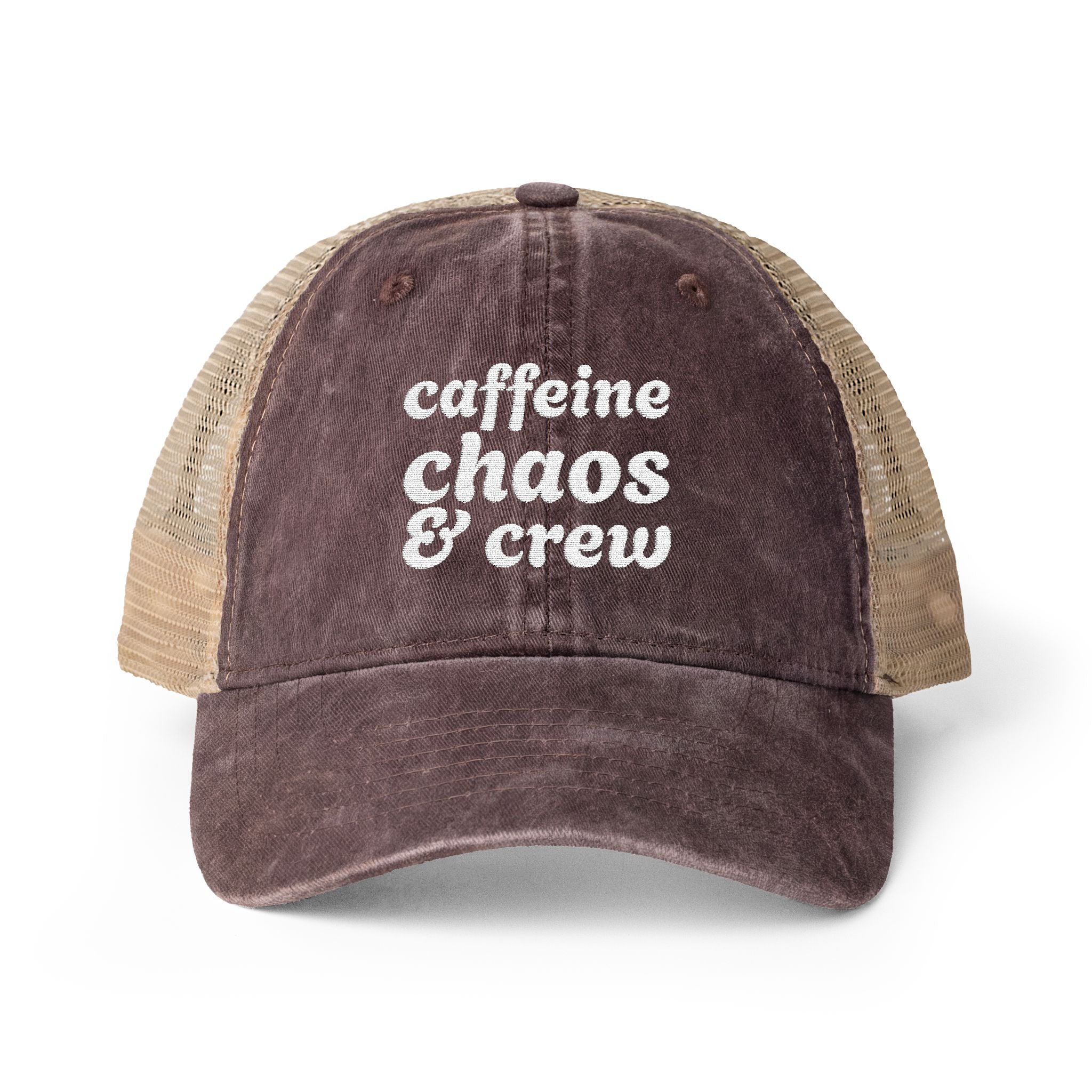 Women's "Caffeine, Chaos & Crew" Embroidered Trucker Hat