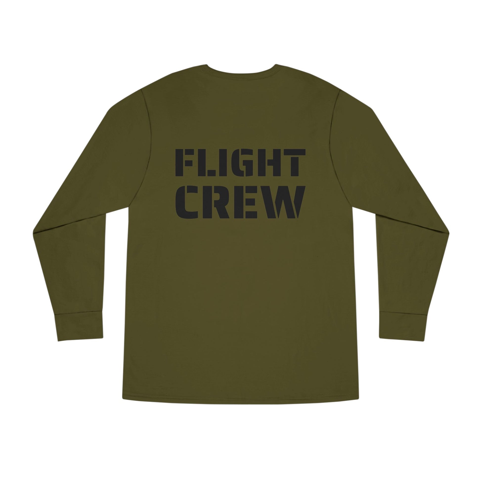 Military green long-sleeve shirt with 'FLIGHT CREW' stencil text by Rotor Wash & Wear