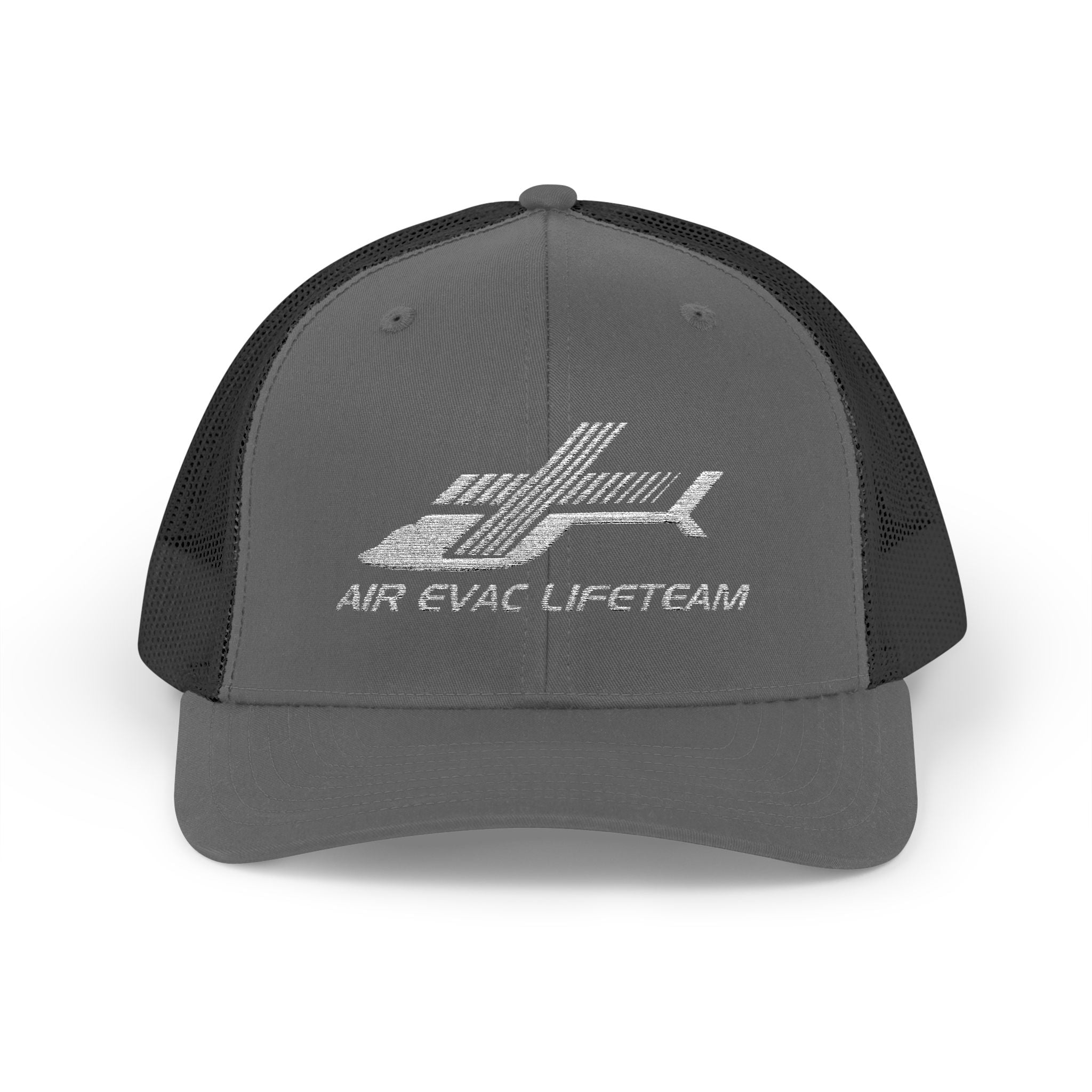 Gray and black cap with 'Air Evac Lifeteam' embroidered logo on a white background