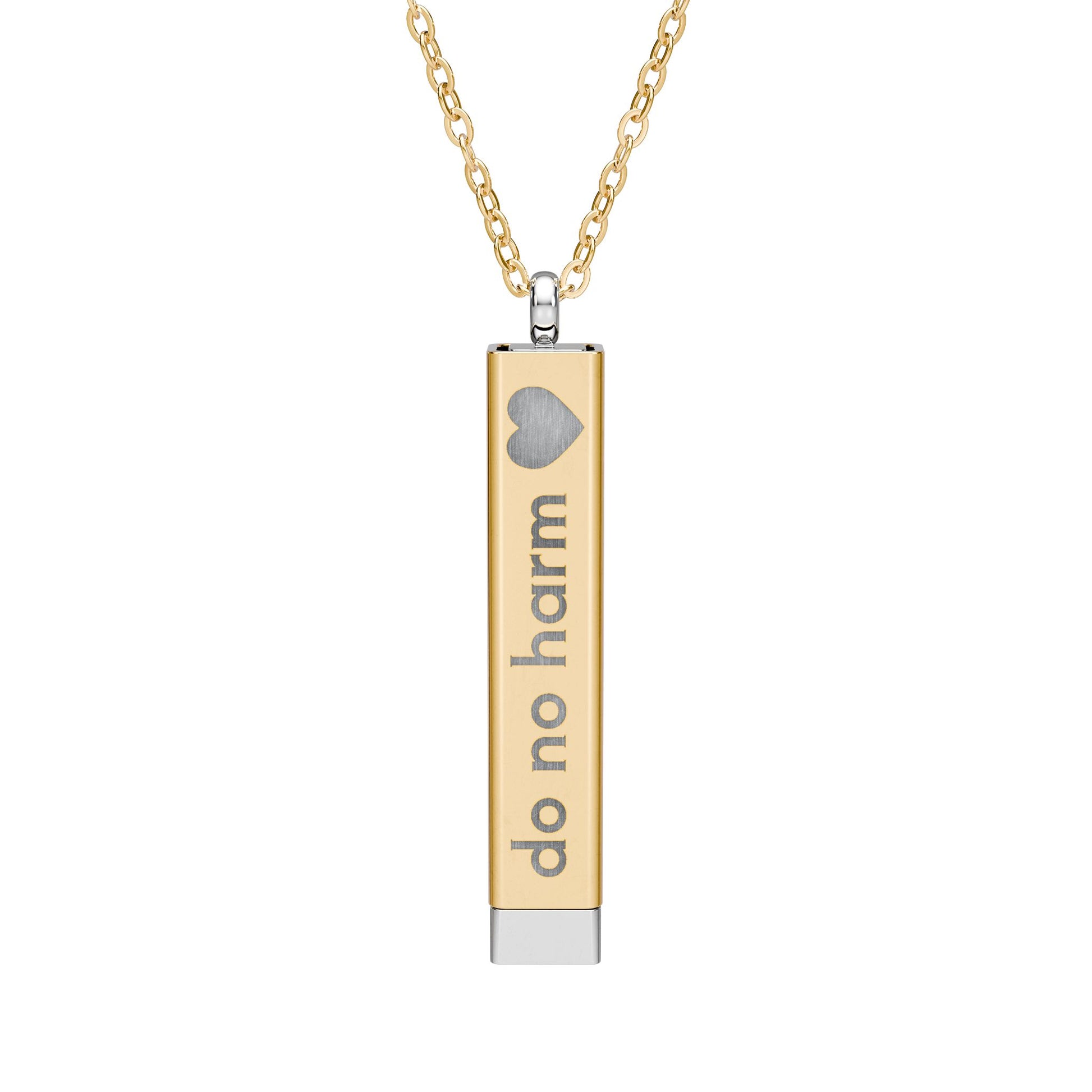 Silver and gold two-toned necklace with a cylindrical pendant engraved with 'do no harm' with interior engraving "but take no shit" by Rotor Wash & Wear