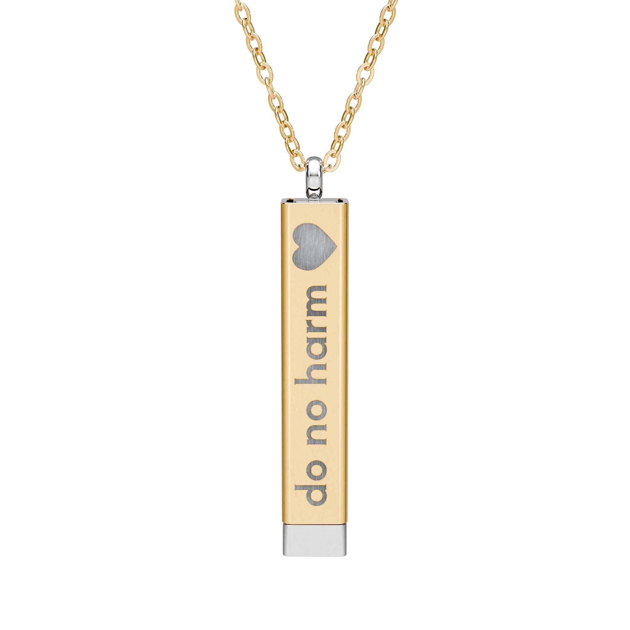 Silver and gold two-toned necklace with a cylindrical pendant engraved with 'do no harm' with interior engraving "but take no shit" by Rotor Wash & Wear