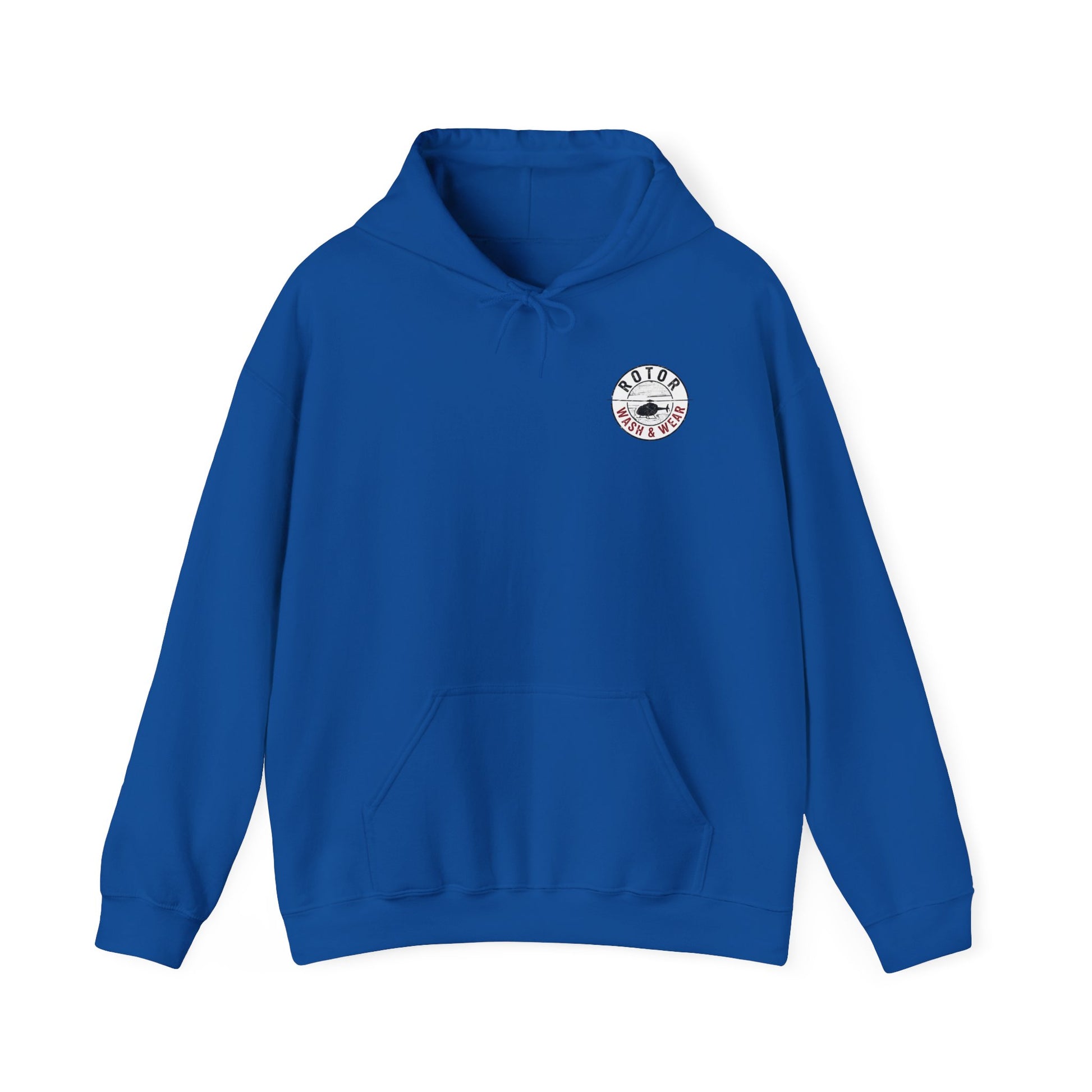 Blue hoodie with a Rotor Wash & Wear logo on the chest against a white background