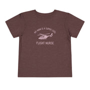 Heather maroon toddler t-shirt with yellow text "My mom is a super cool flight nurse" and helicopter graphic by Rotor Wash & Wear