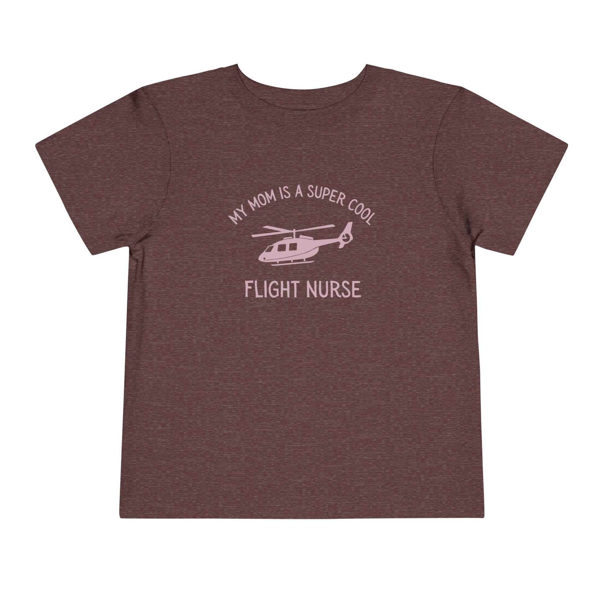Heather maroon toddler t-shirt with yellow text "My mom is a super cool flight nurse" and helicopter graphic by Rotor Wash & Wear