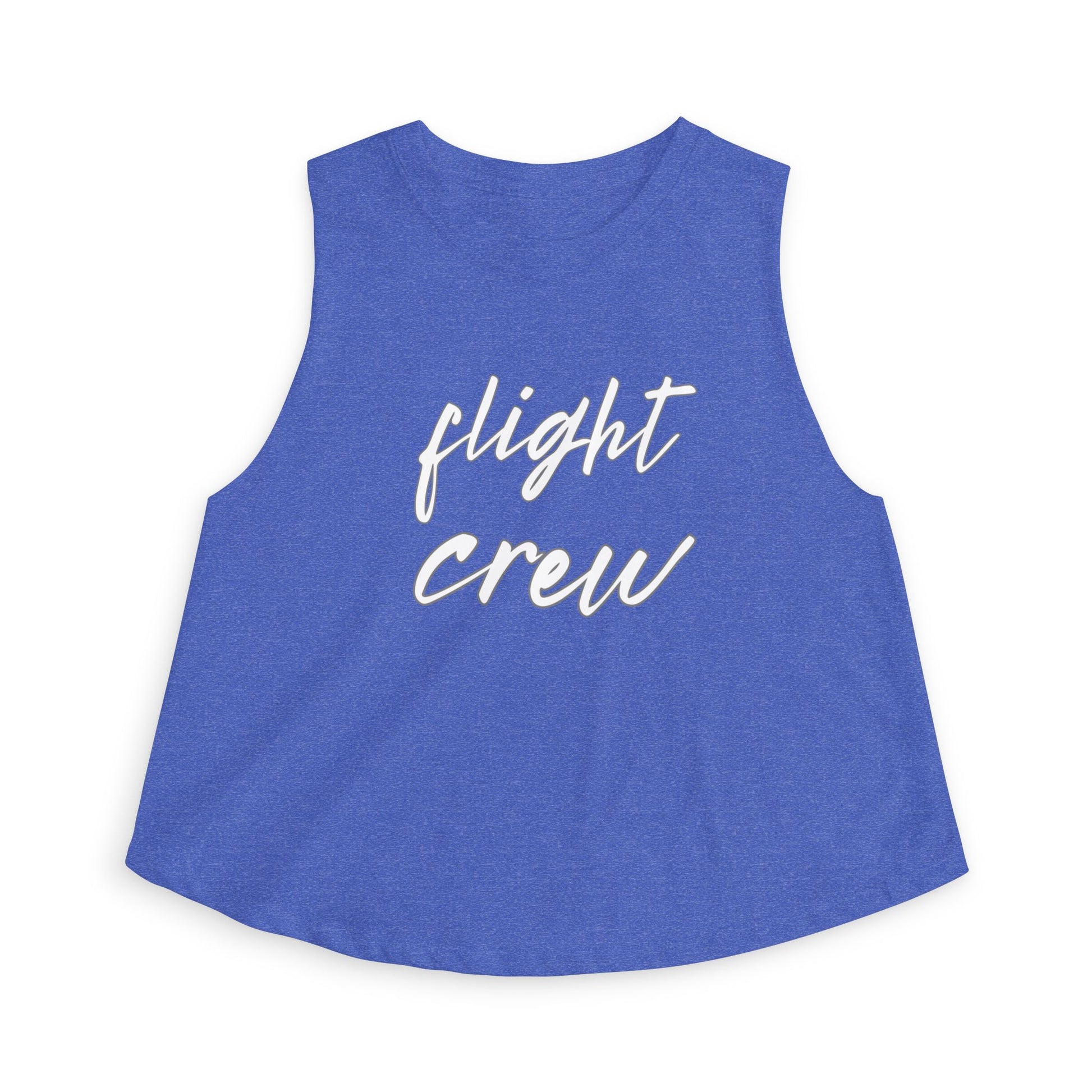 Blue sleeveless top with 'flight crew' text in white by Rotor Wash & Wear