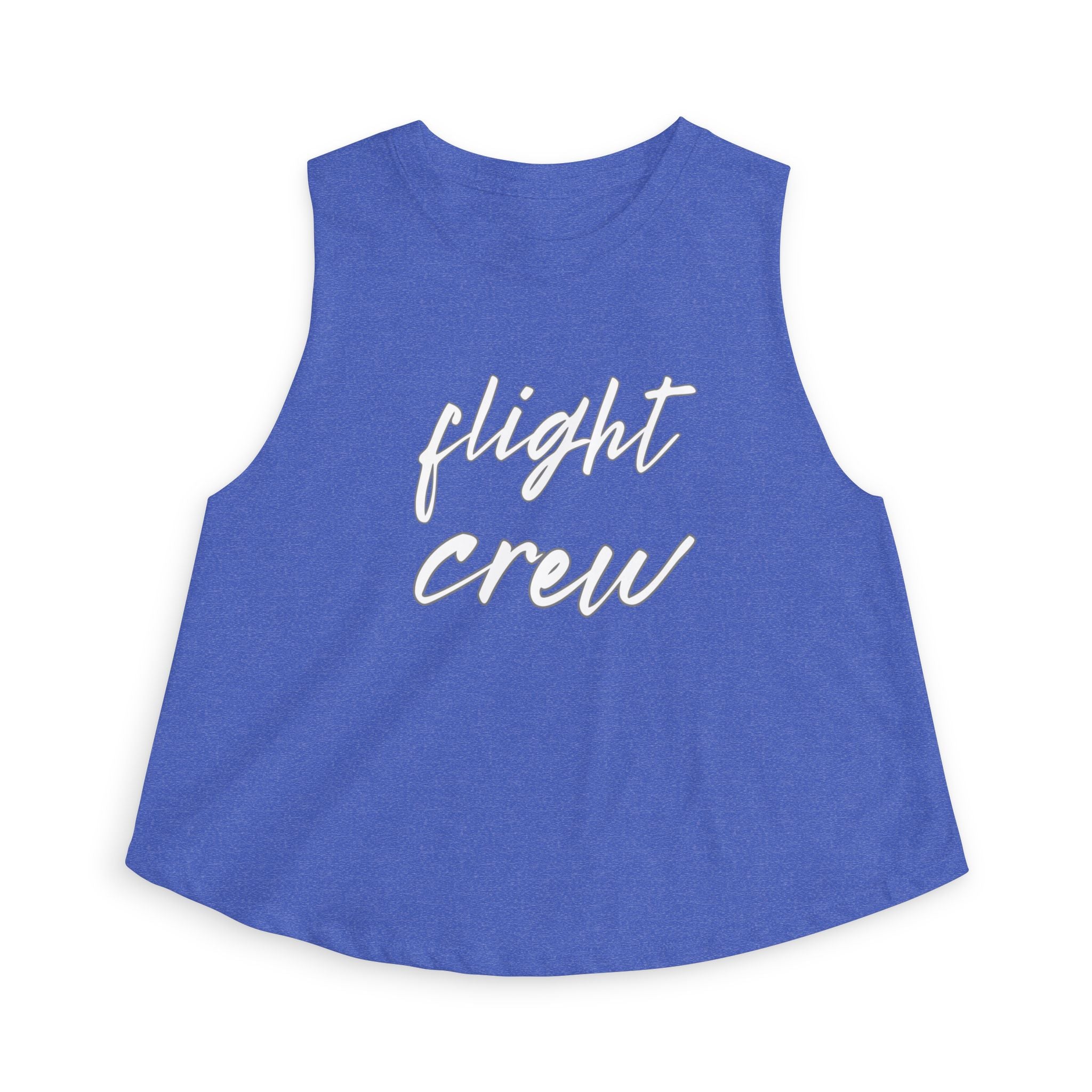 Blue sleeveless top with 'flight crew' text in white by Rotor Wash & Wear