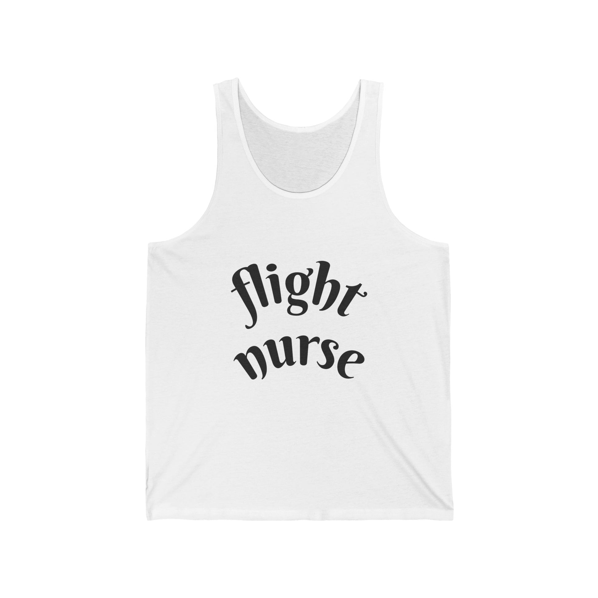 White tank top with 'flight nurse' text on a white background