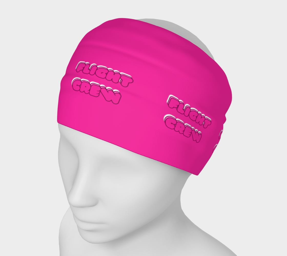 Hot pink headband with text "Flight Crew" on a mannequin head on a white background
