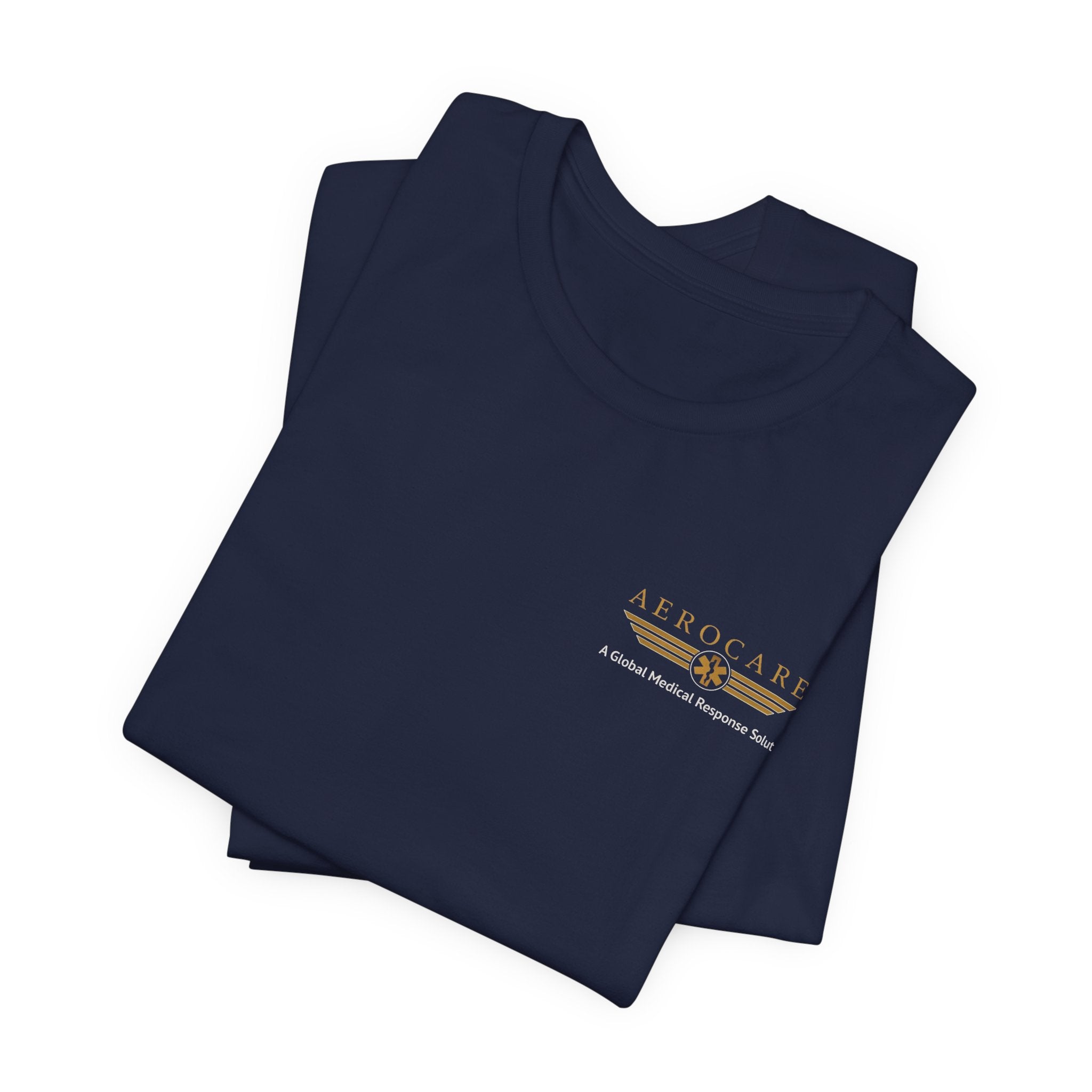 Folded navy blue t-shirt with Aerocare logo on the chest against a white background