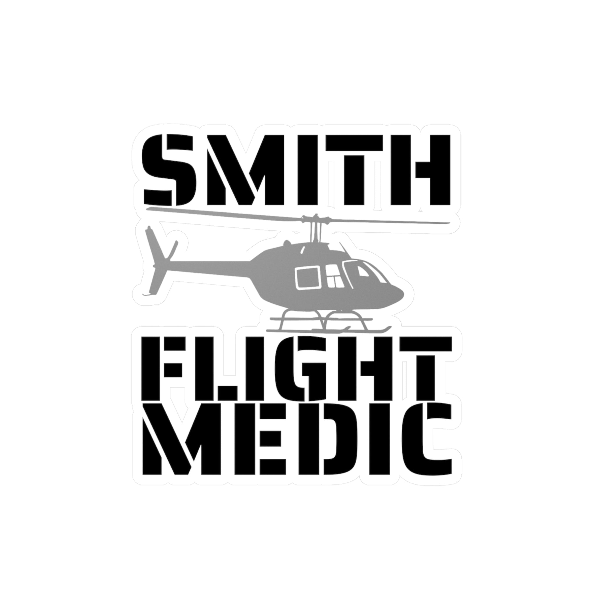 Customizable sticker with helicopter silhouette and 'Smith Flight Medic' text on a white background