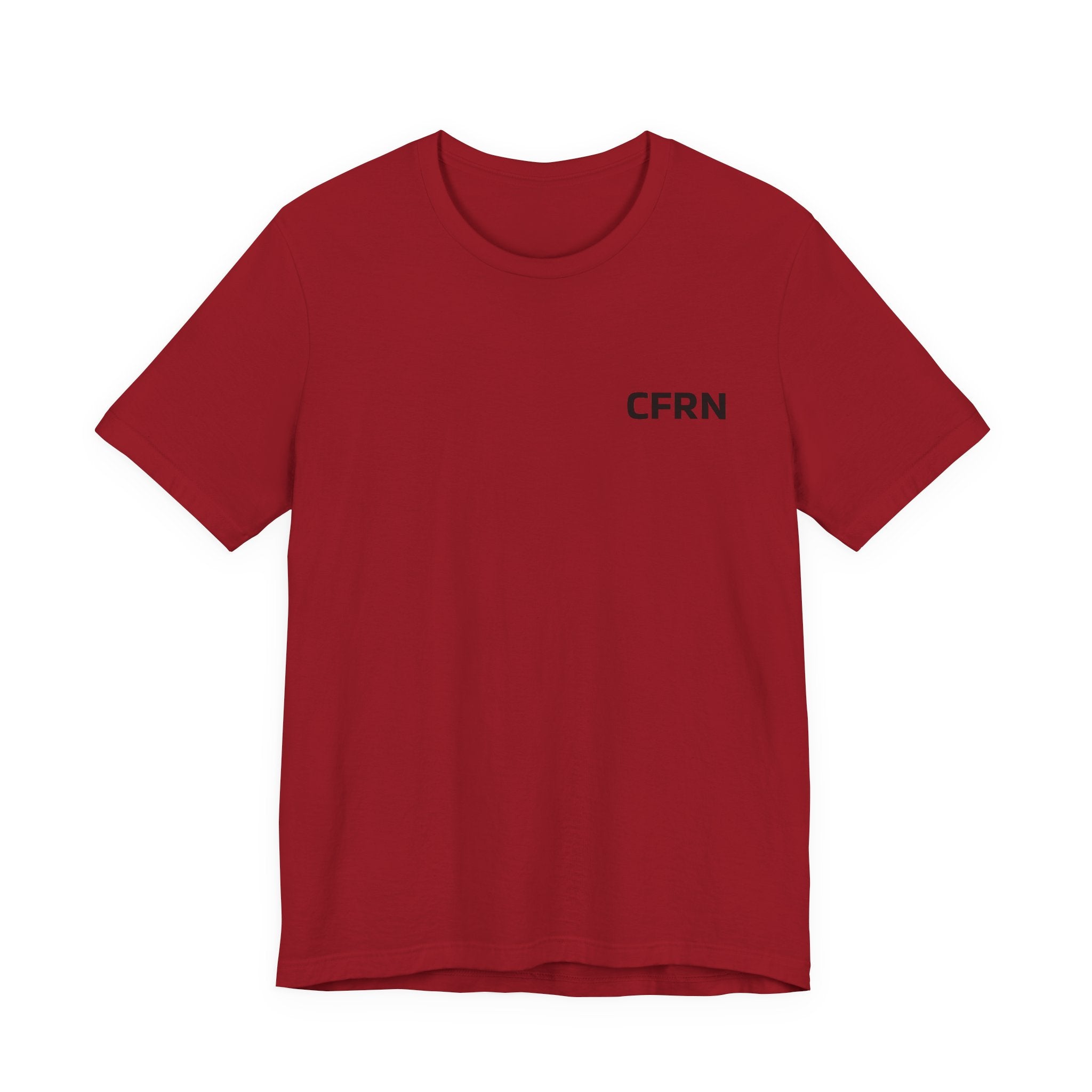 Red t-shirt with 'CFRN' text on a white background
