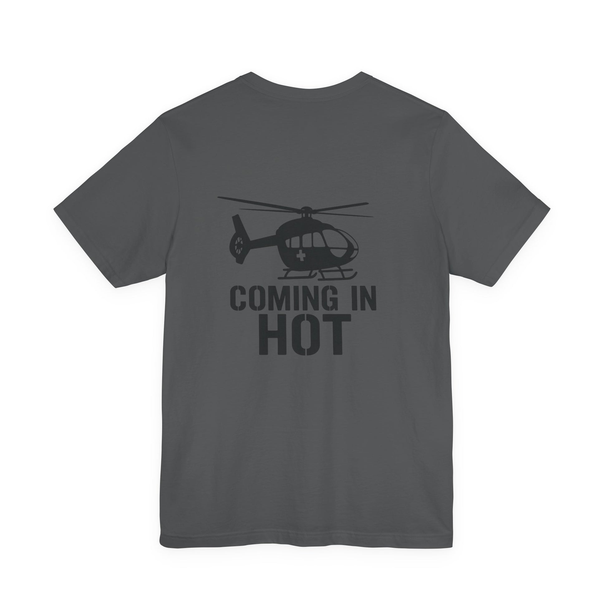 Gray t-shirt with helicopter graphic and text 'COMING IN HOT' on a white background