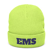 Green beanie with embroidered 'EMS' text on a white background