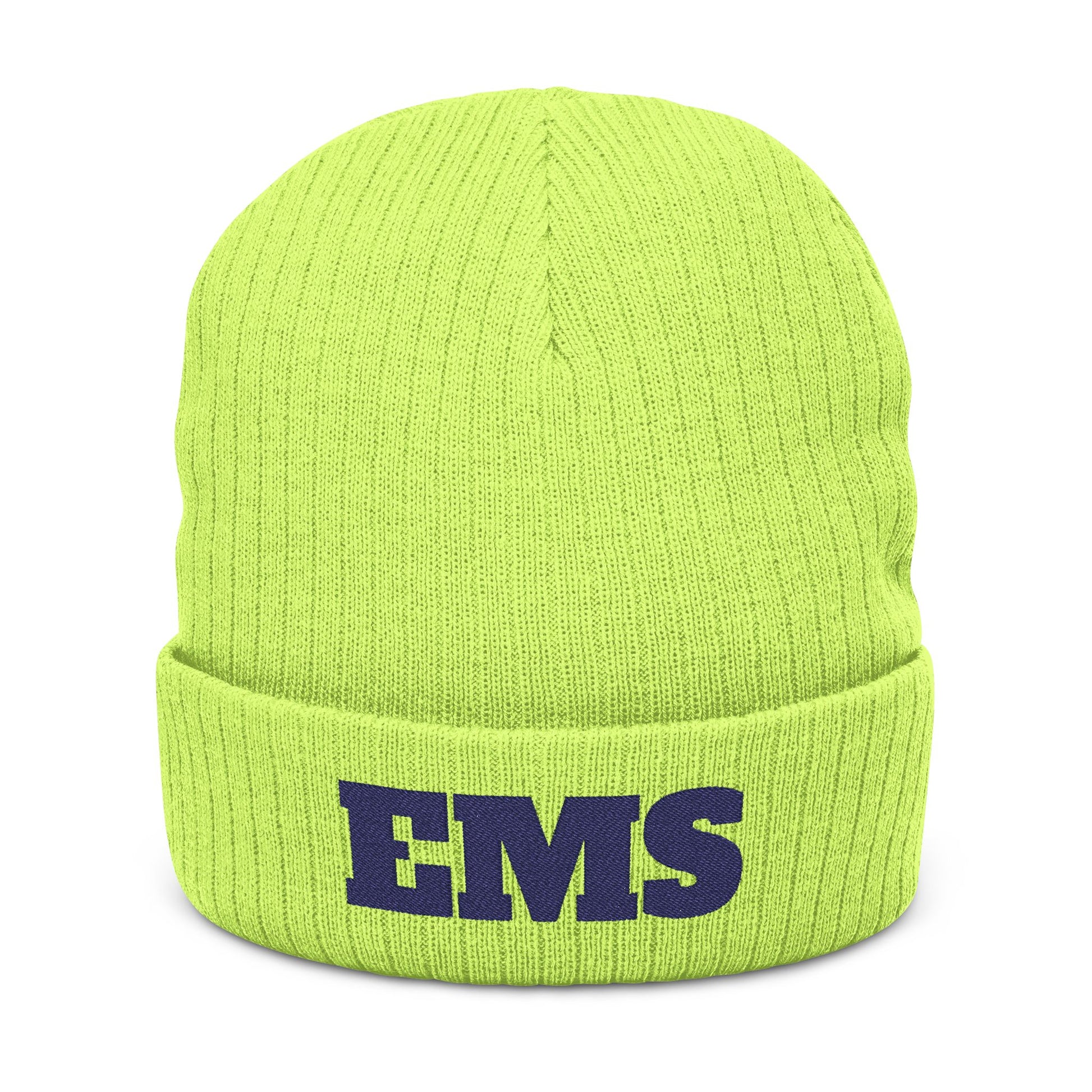 Green beanie with embroidered 'EMS' text on a white background