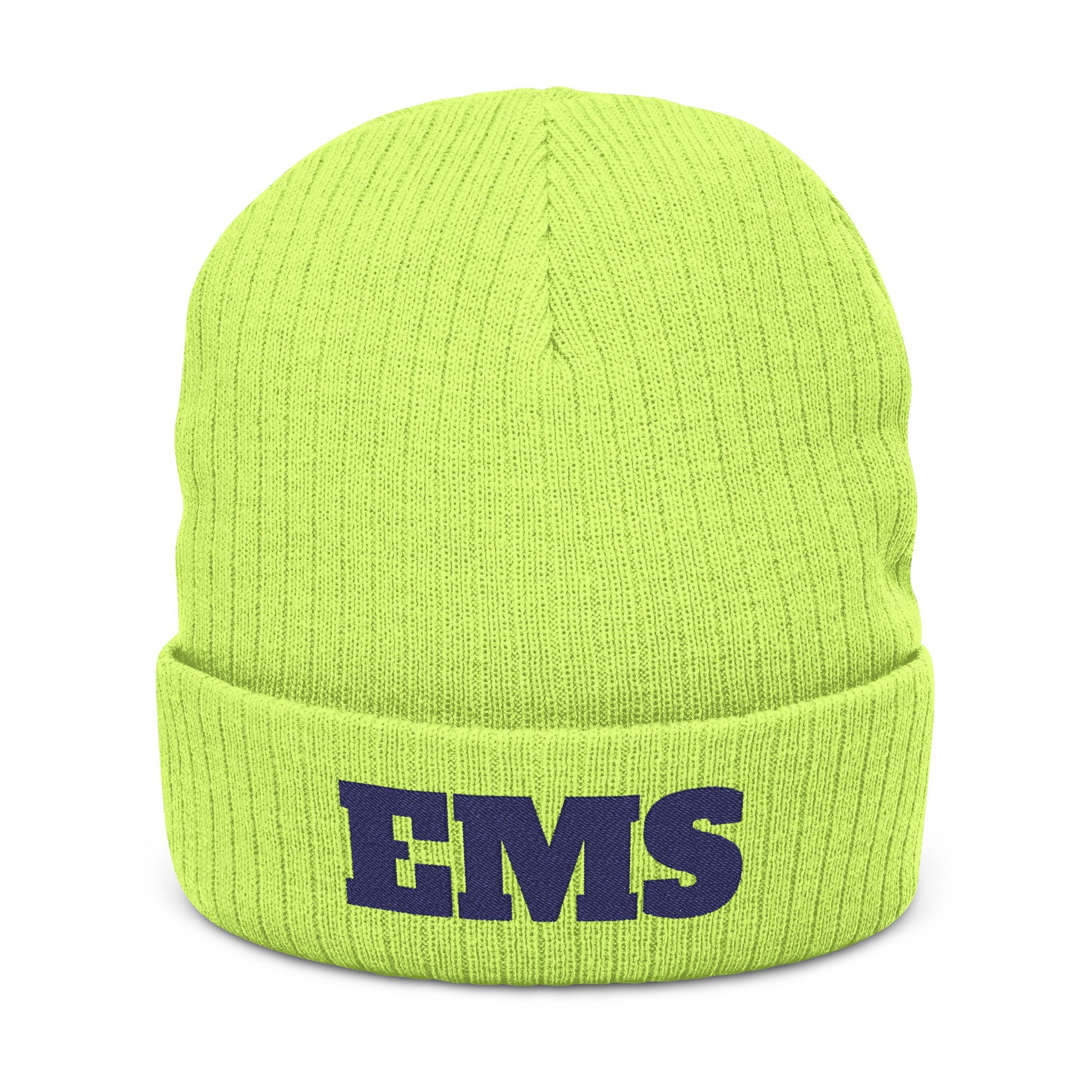 Green beanie with embroidered 'EMS' text on a white background
