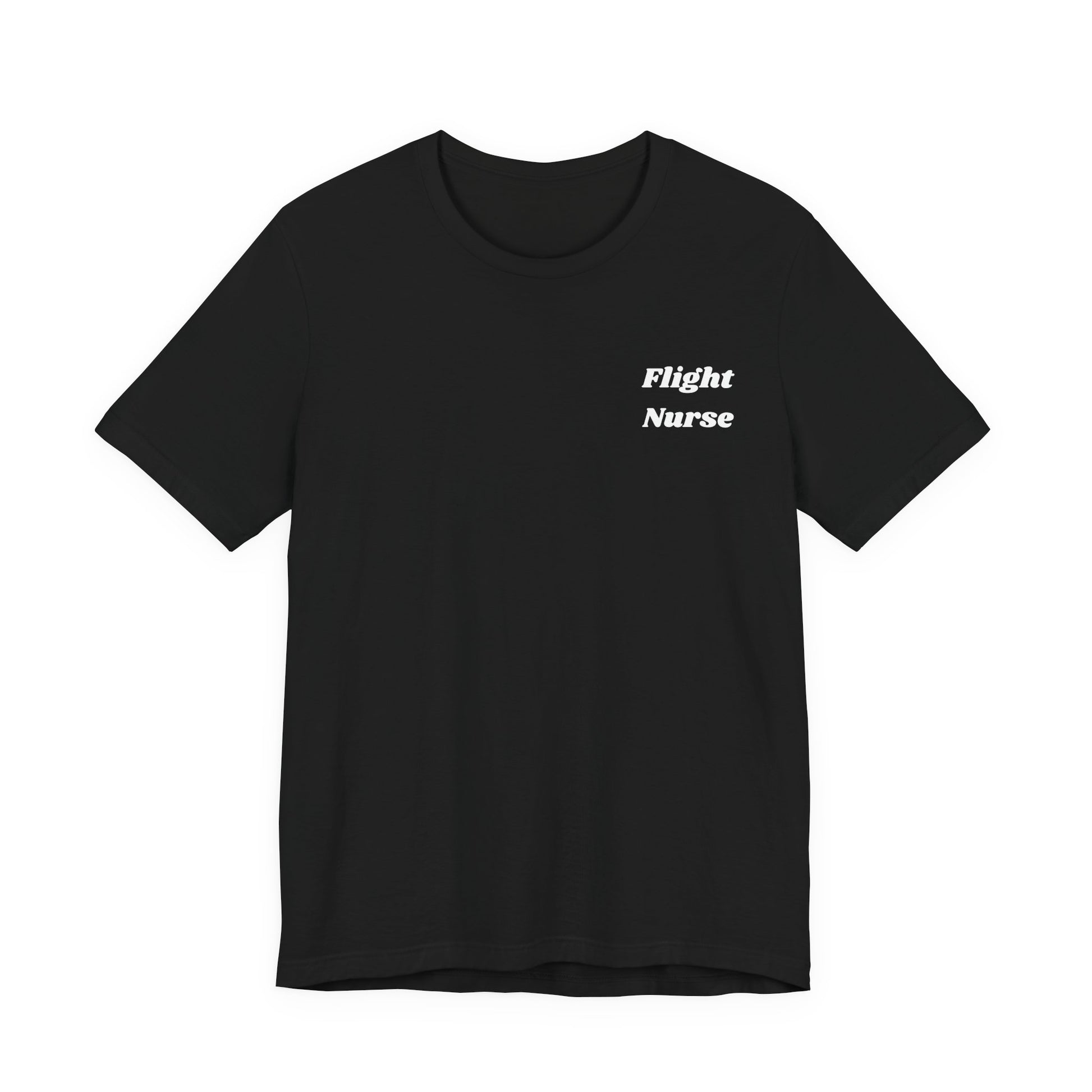 Black t-shirt with 'Flight Nurse' text on a white background