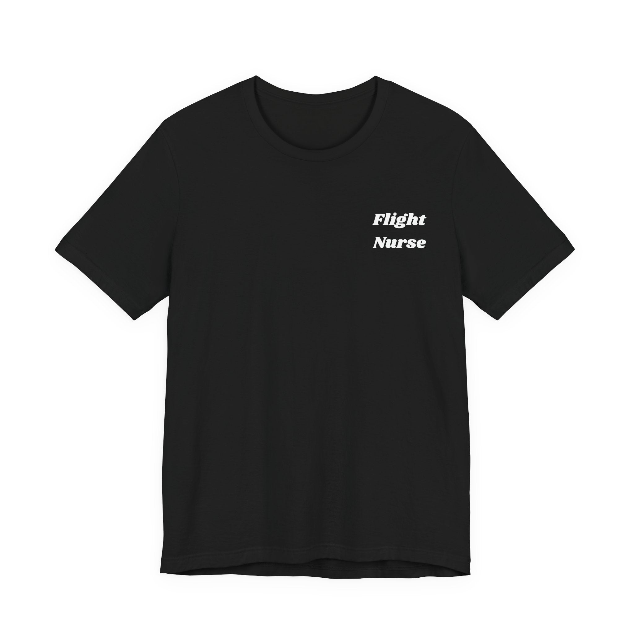 Black t-shirt with 'Flight Nurse' text on a white background
