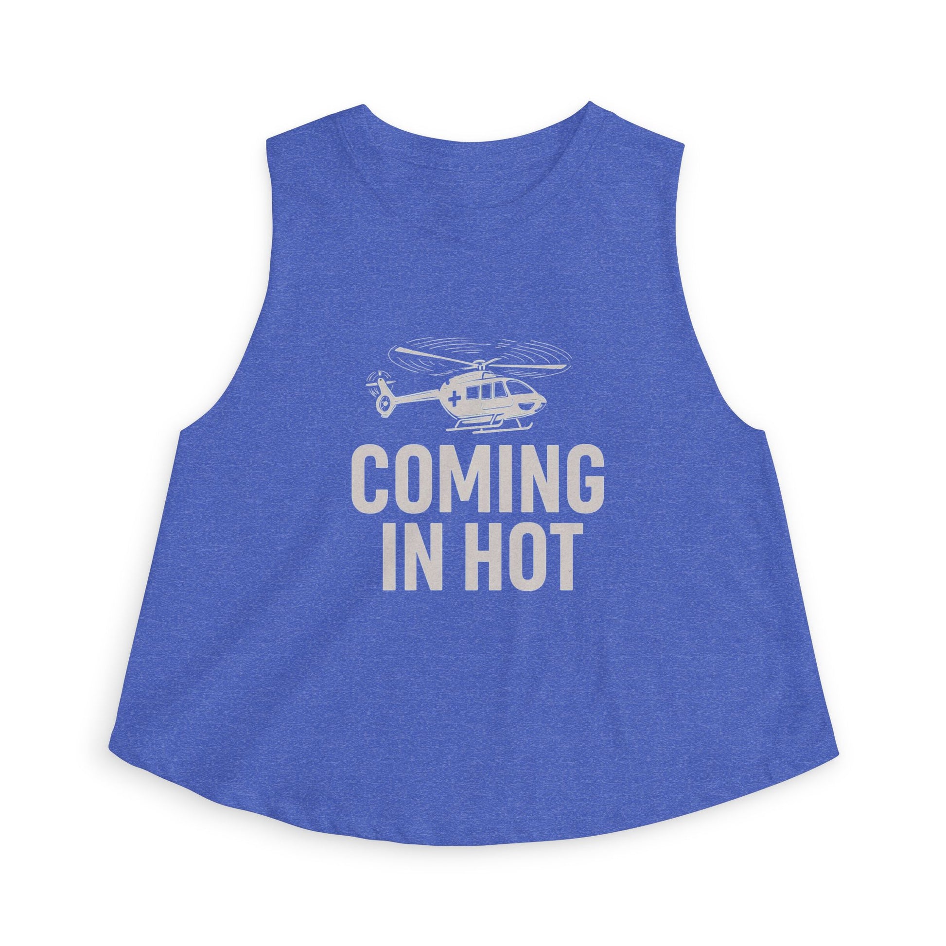 Blue sleeveless top with helicopter graphic and 'Coming in Hot' text by Rotor Wash & Wear