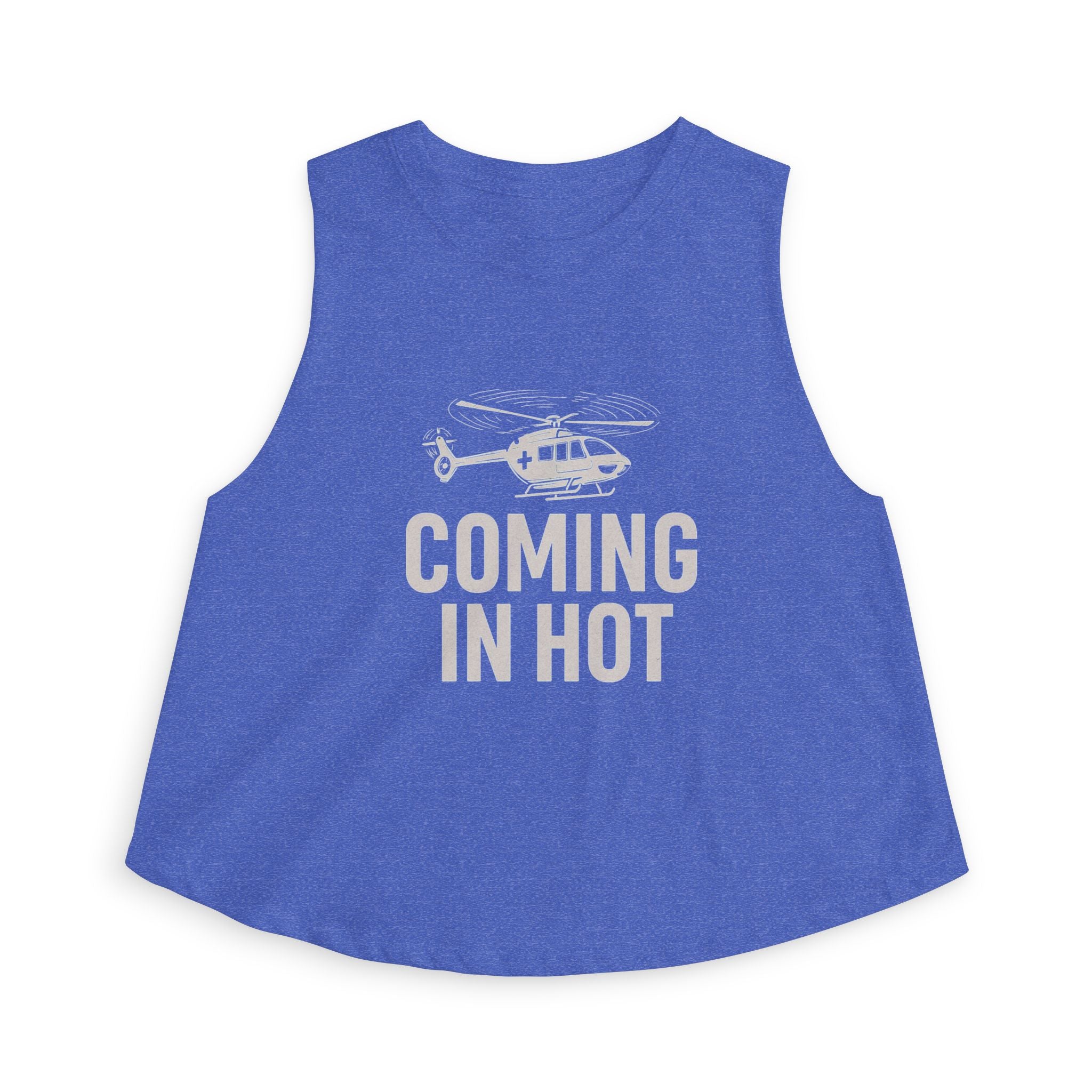 Blue sleeveless top with helicopter graphic and 'Coming in Hot' text by Rotor Wash & Wear