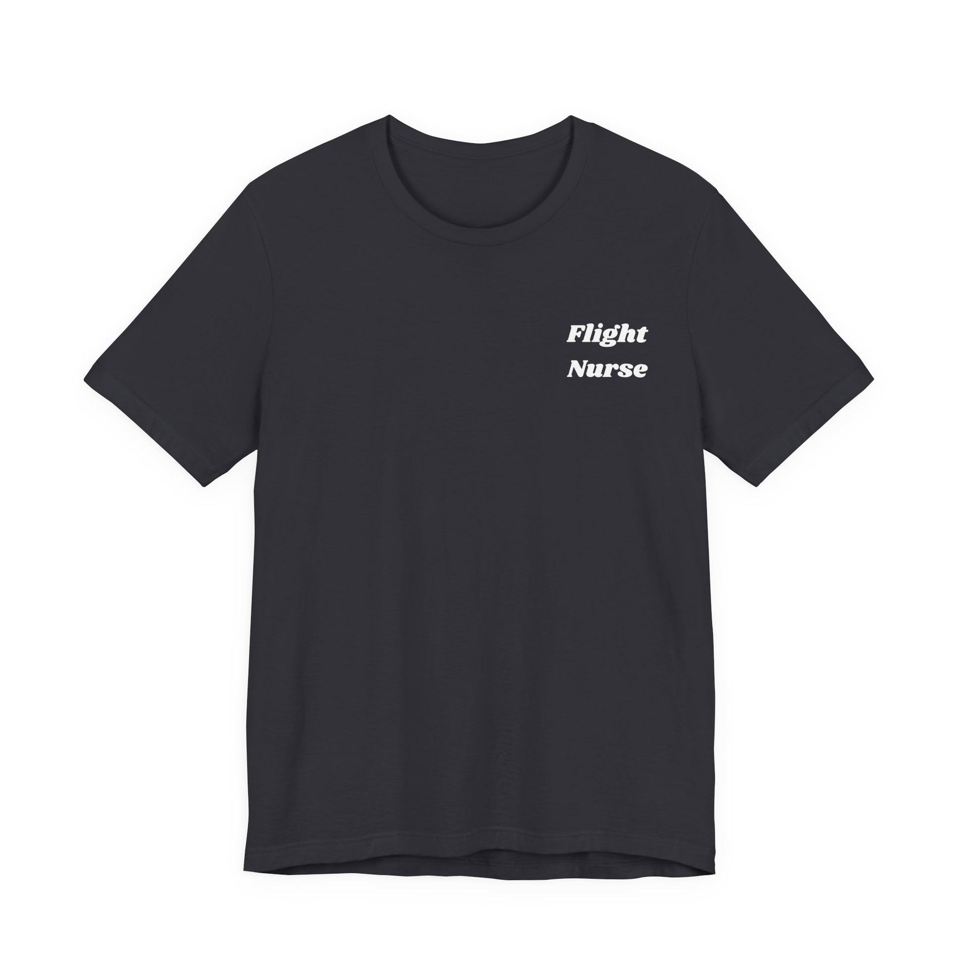 Dark gray t-shirt with 'Flight Nurse' text on a white background