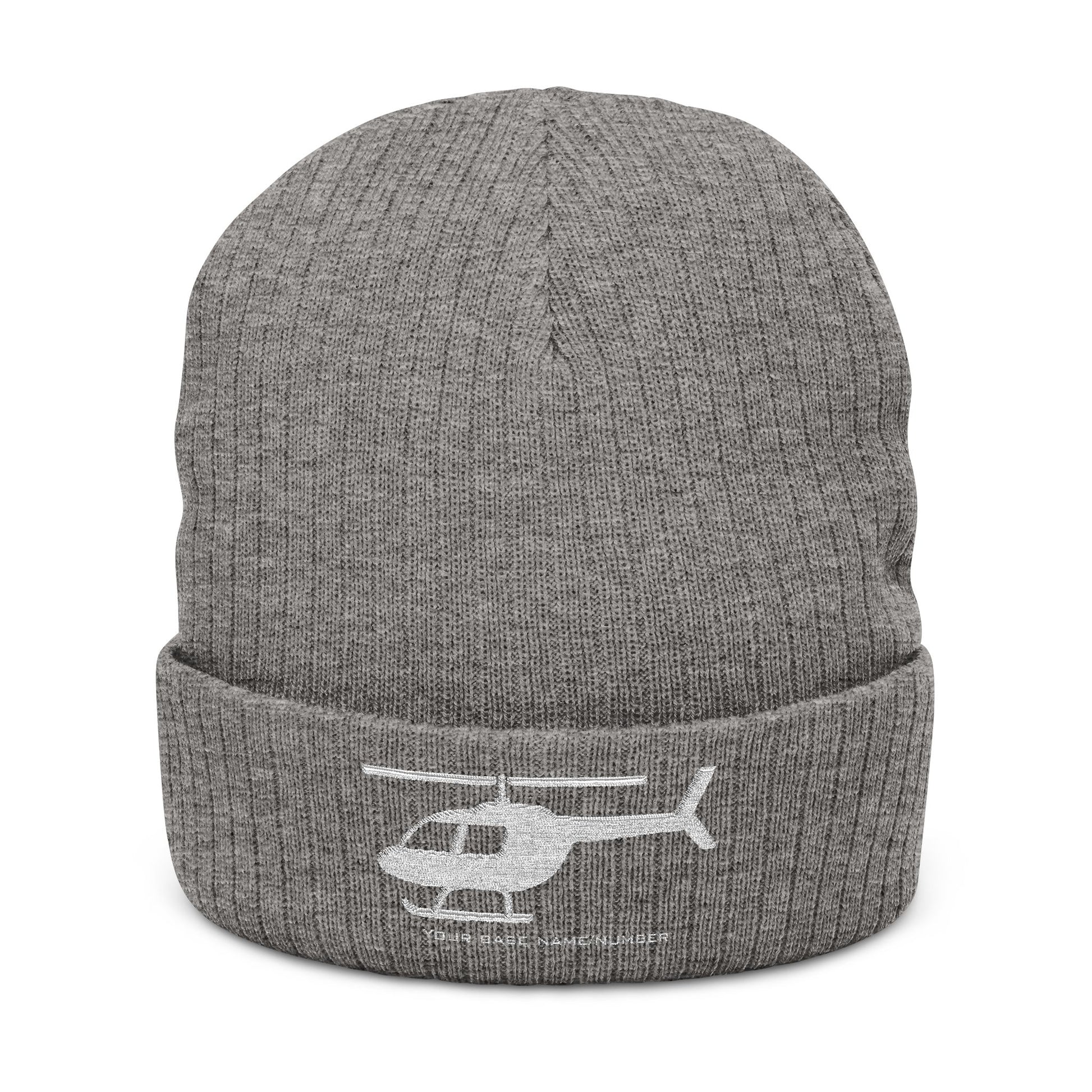 Gray beanie with helicopter logo on a white background