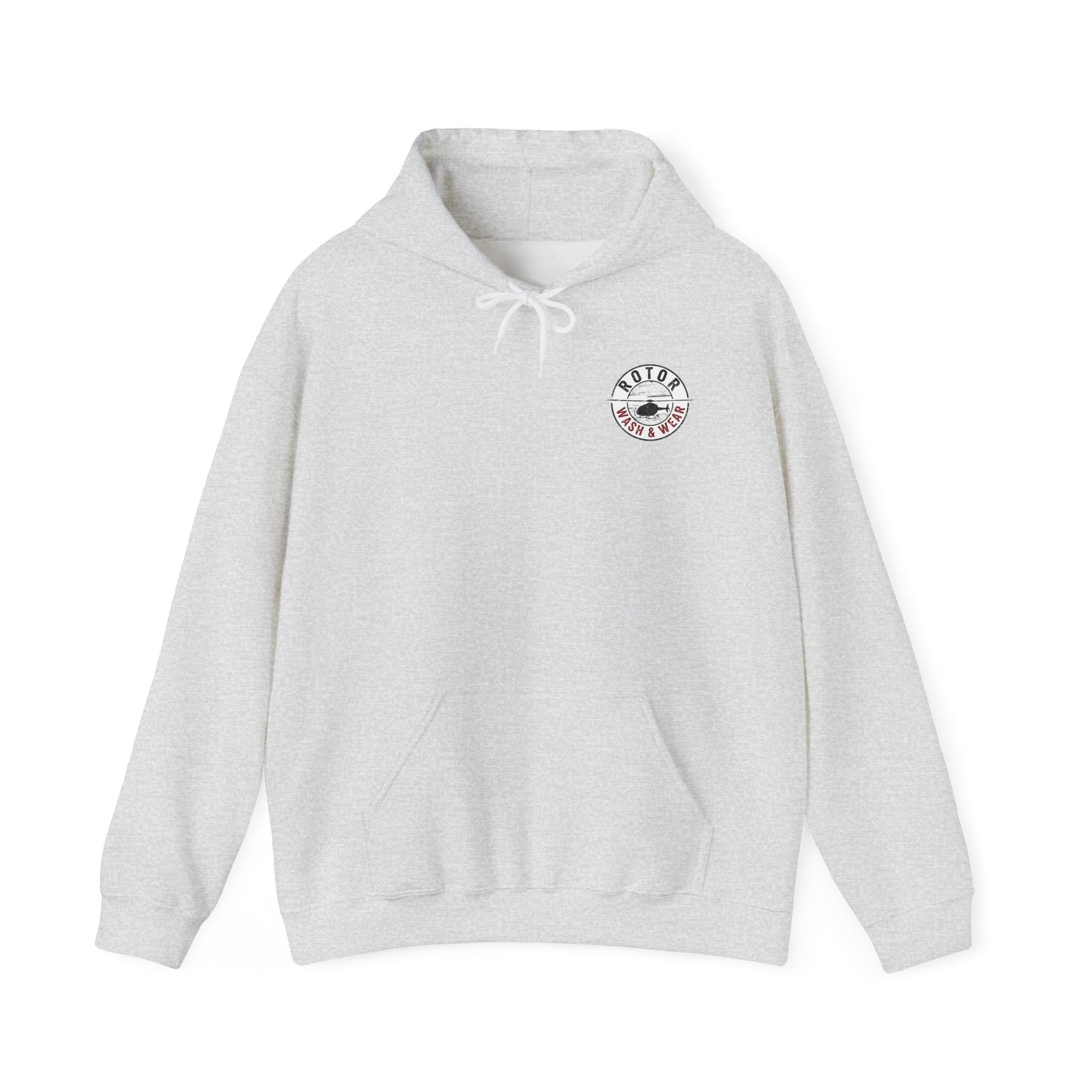 Gray hoodie with a Rotor Wash & Wear logo on the chest against a white background